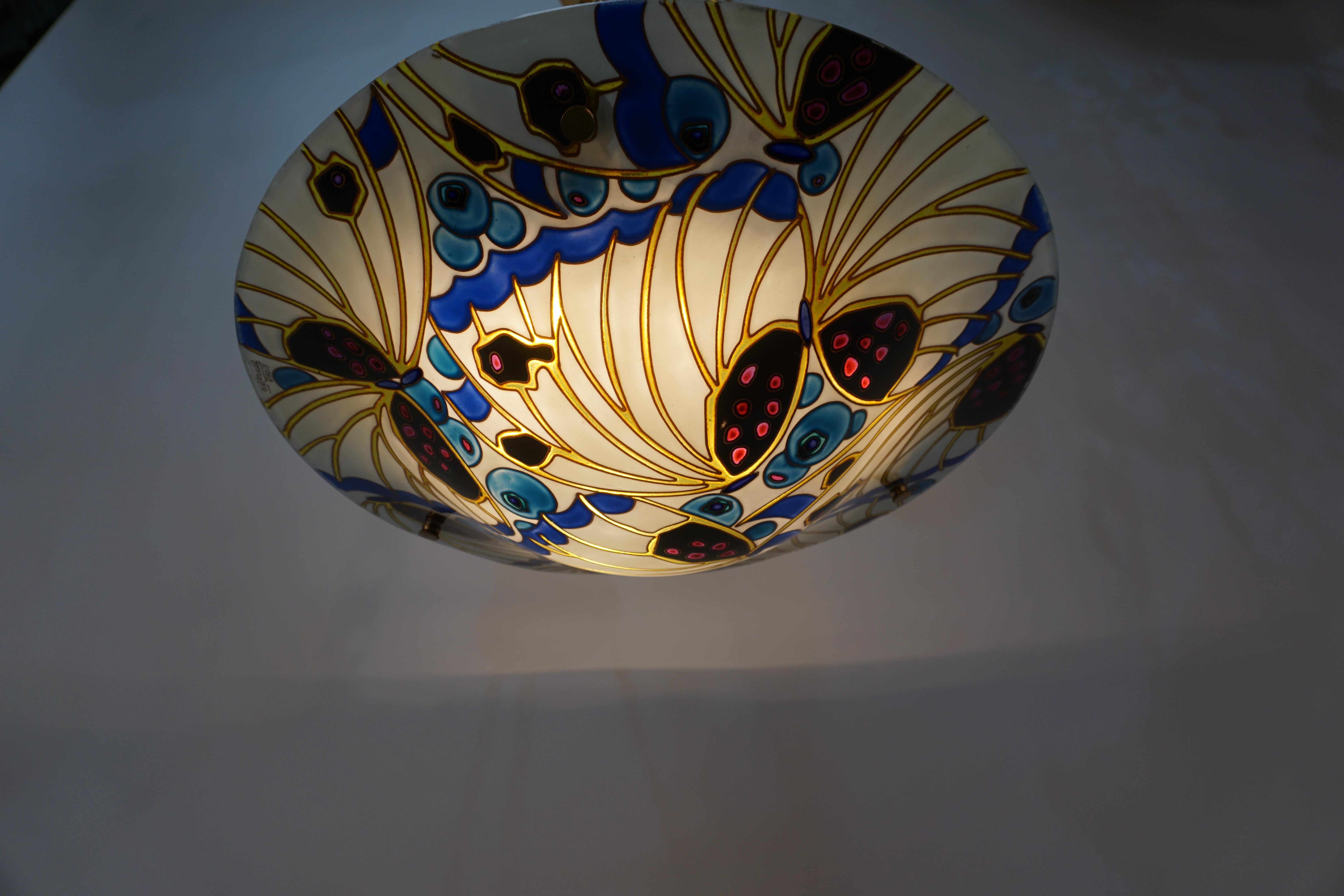 Art Deco  Maxonade Paris polychrome-enameled Art Glass Chandelier