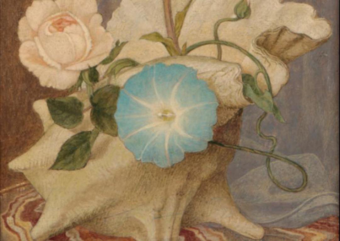 by MAXWELL ASHBY ARMFIELD (1882-1972) 'Lily and Roze Series, No I, Argha of Sacrifice (to JM)' 

still life study of flowers and a conch shell, monogrammed and inscribed lower right, tempera on board,

 34.5 cm x 25.5 cm. 

Provenance: Private