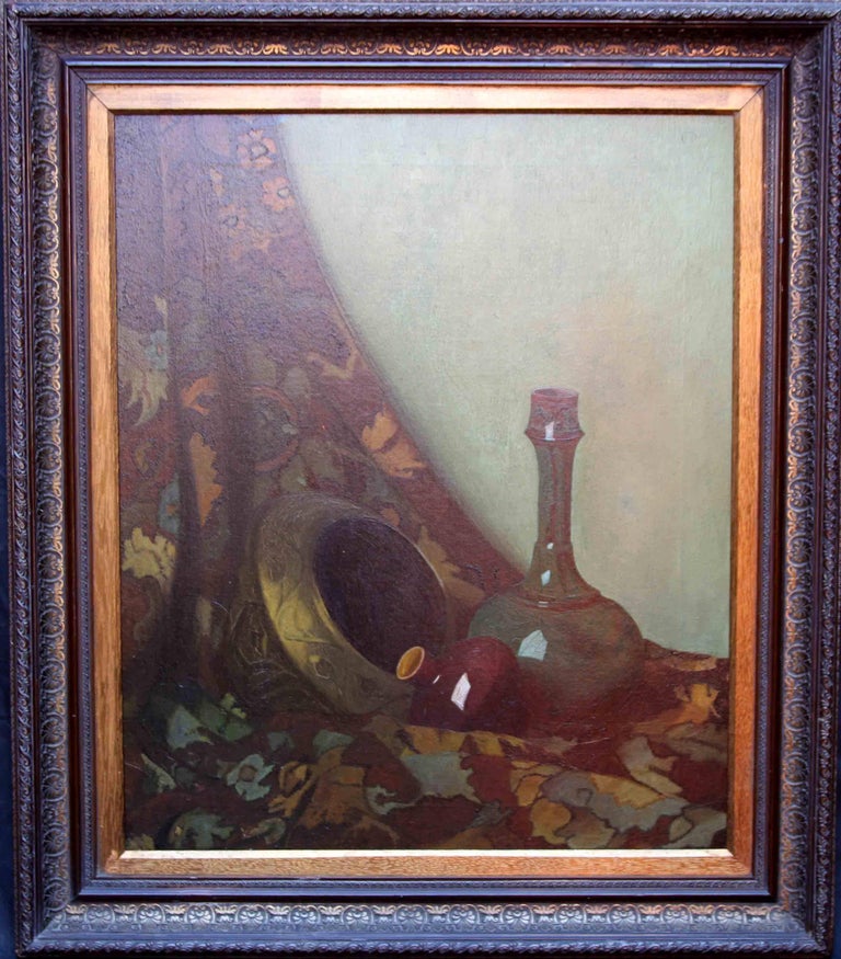 Still life with Vase - British art 30's oil painting brass pot colourful cloth 1