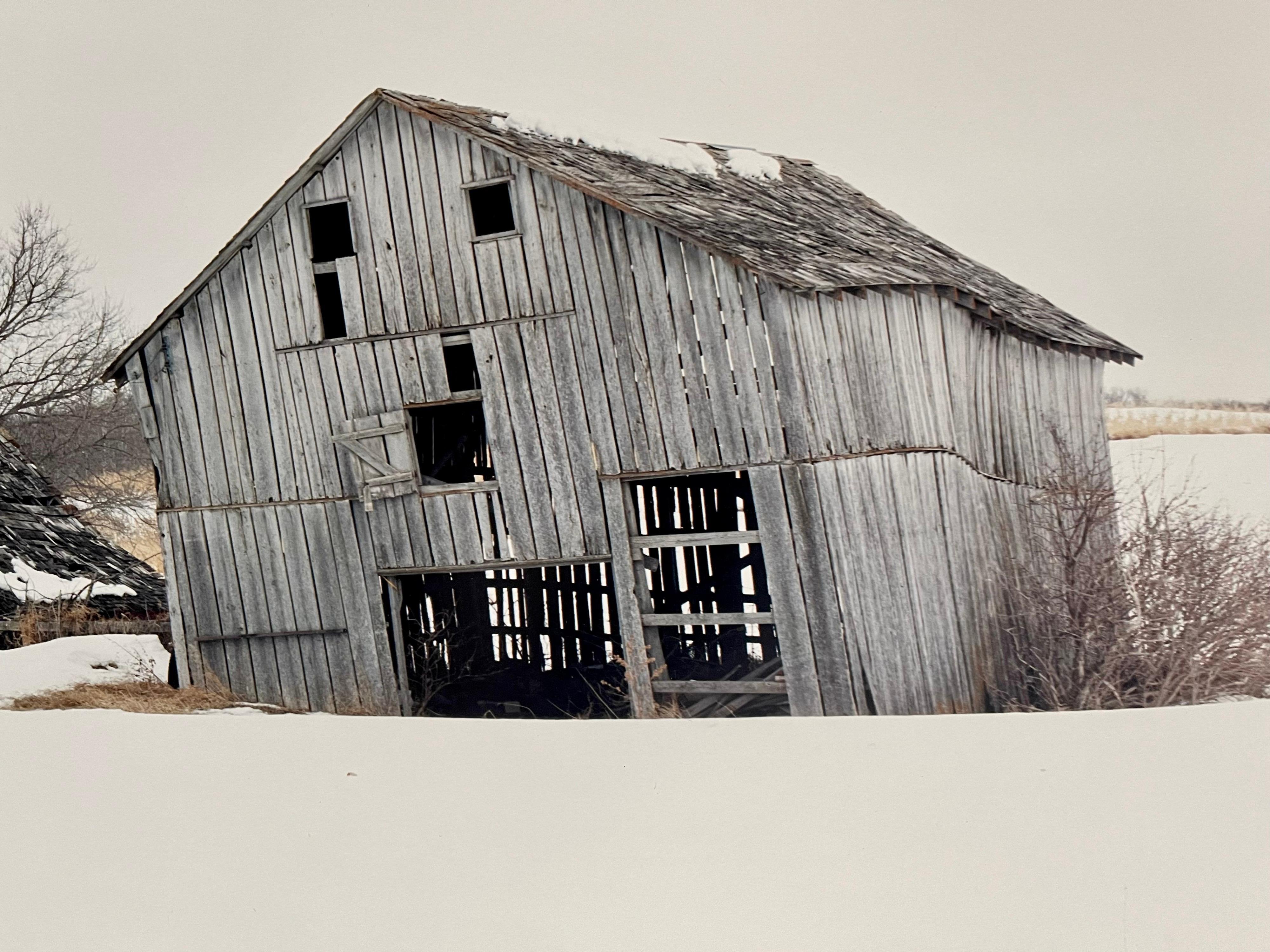 Farm, Winter Landscape, Large Panoramic Vintage Color Photograph Signed Photo For Sale 1