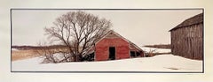 Bauernhof, Winterlandschaft, große Panoramik, Vintage-Farbfotografie, signiertes Foto