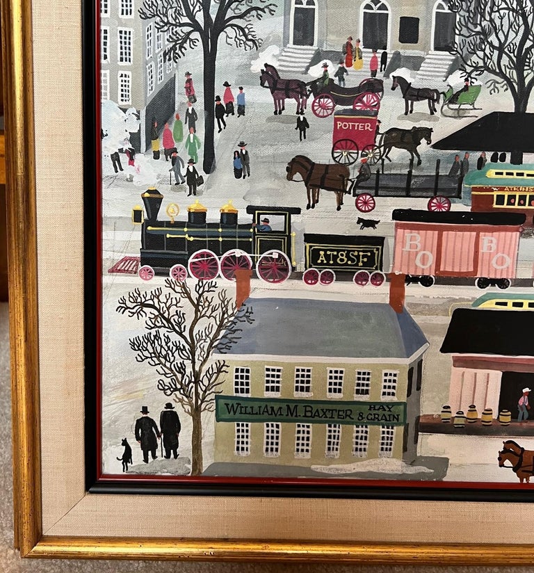 Maxwell Mays (1918-2009) Painter and Illustrator. Signed and dated 1983, this large scale framed oil on canvas is a charming and detailed depiction of life in Cascade Springs, Colorado on a snowy day. 

Maxwell Mays was born in Rhode Island in