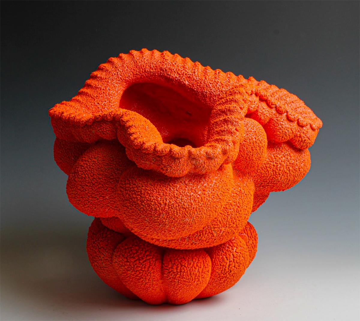 Abstract Contemporary Ceramic Sculpture, Glazed Stoneware Vessel, Orange Krater For Sale 1