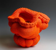 Escultura Abstracta Contemporánea de Cerámica, Vasija de Gres Esmaltado, Krater Naranja