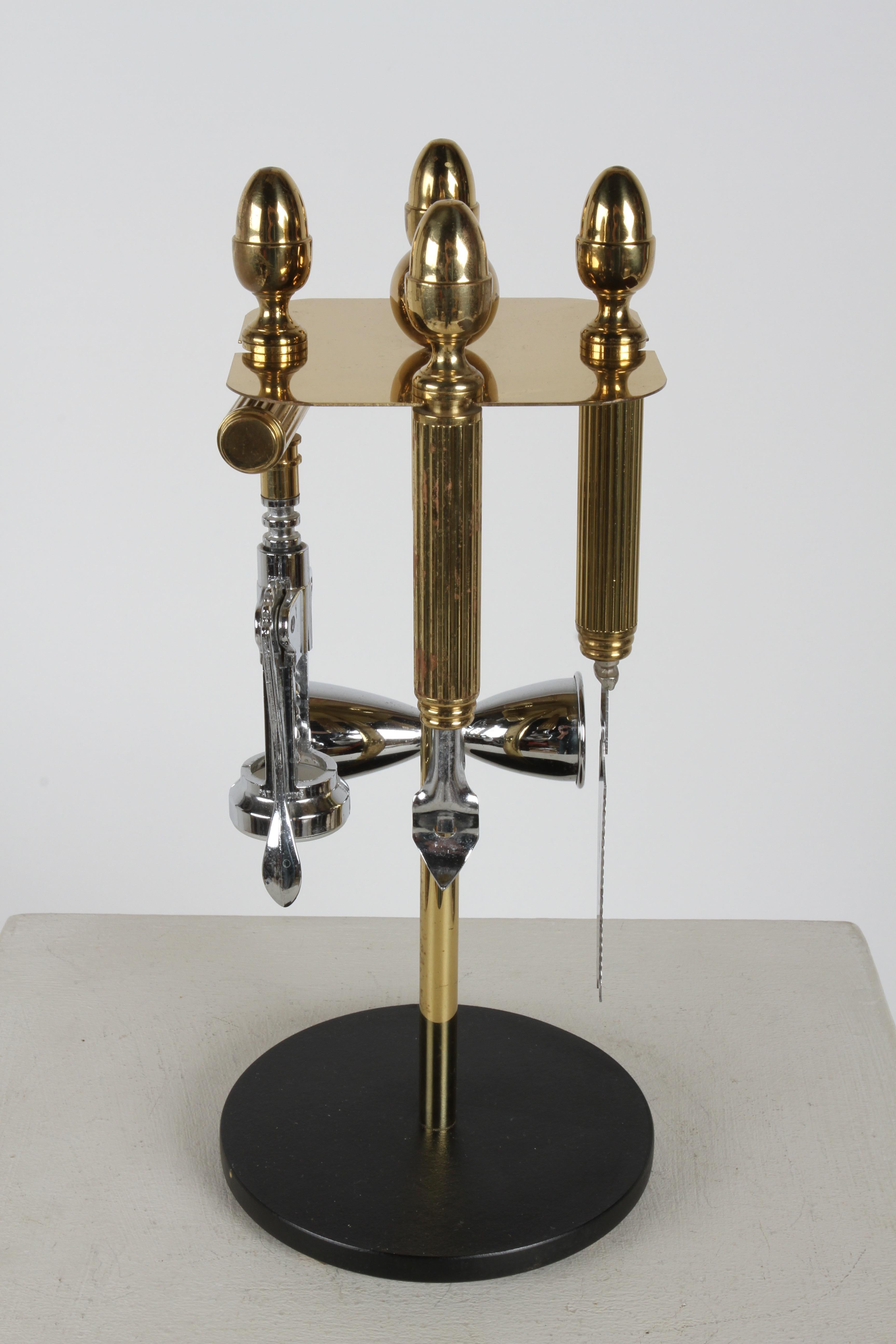 Mid-Century Modern Maxwell Phillip Mid-Century Brass Acorn Motif 4 Piece Bartender Tool Set & Stand For Sale