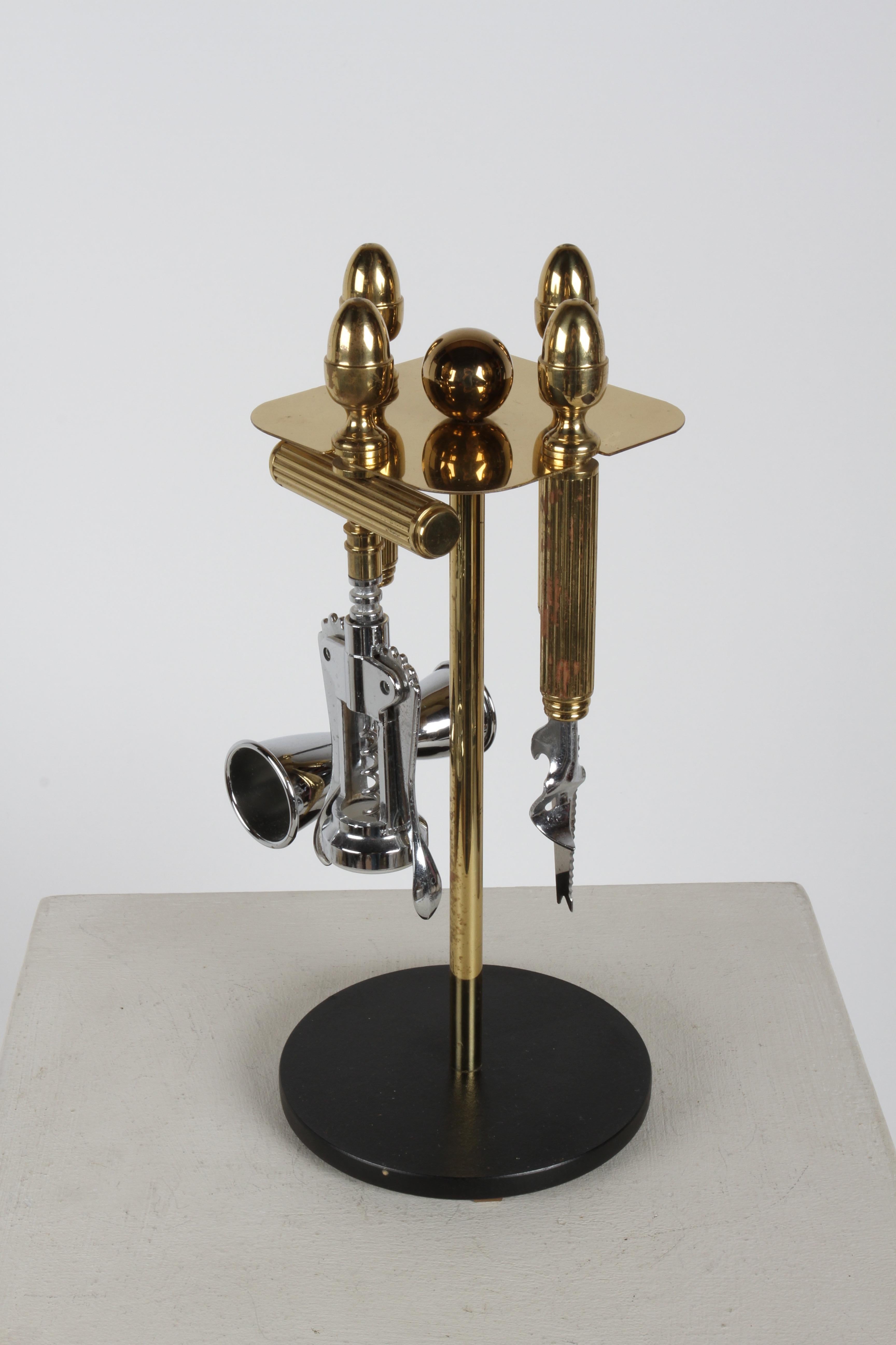 American Maxwell Phillip Mid-Century Brass Acorn Motif 4 Piece Bartender Tool Set & Stand For Sale