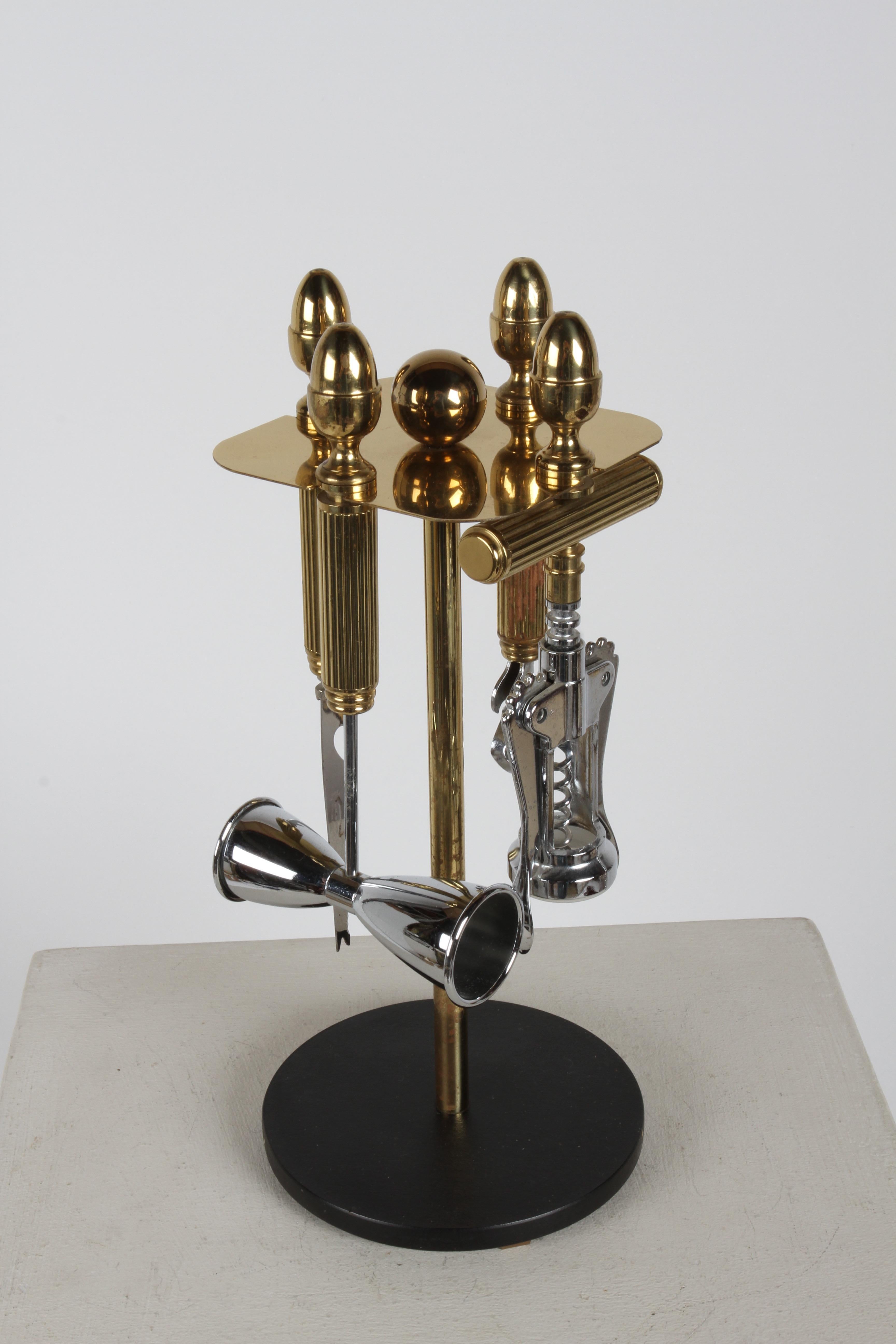 Maxwell Phillip Mid-Century Brass Acorn Motif 4 Piece Bartender Tool Set & Stand For Sale 1