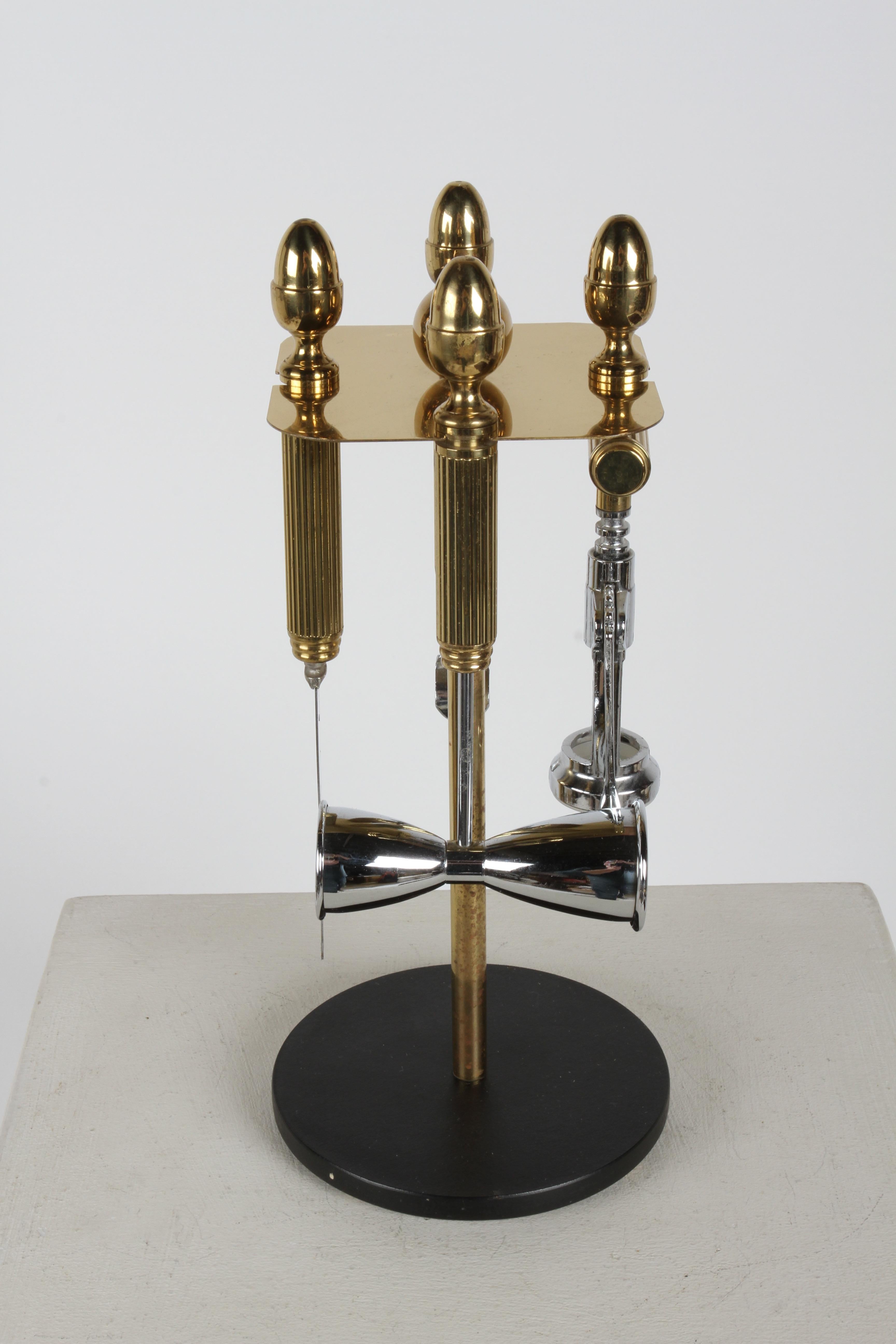Maxwell Phillip Mid-Century Brass Acorn Motif 4 Piece Bartender Tool Set & Stand For Sale 2