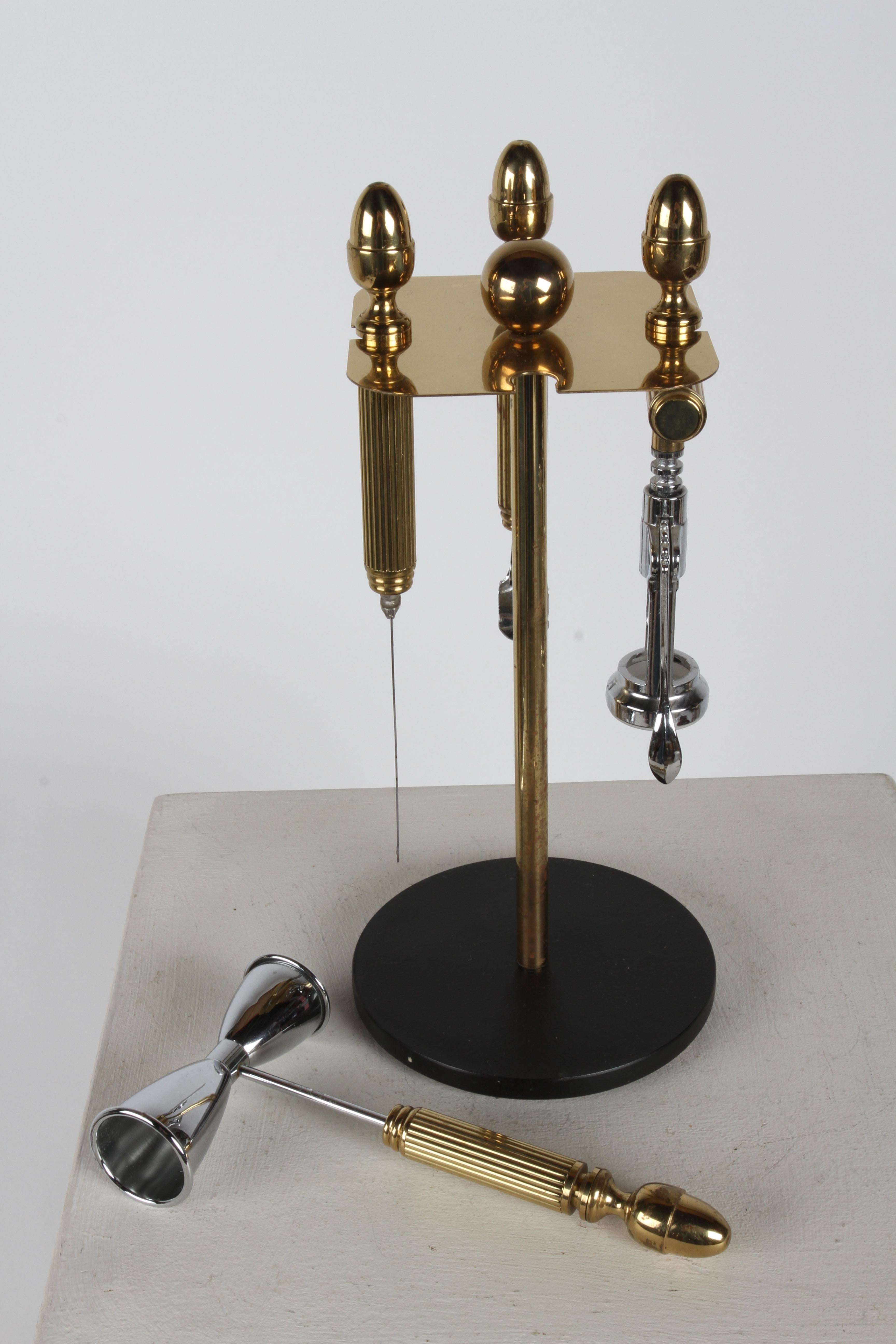 Maxwell Phillip Mid-Century Brass Acorn Motif 4 Piece Bartender Tool Set & Stand For Sale 3