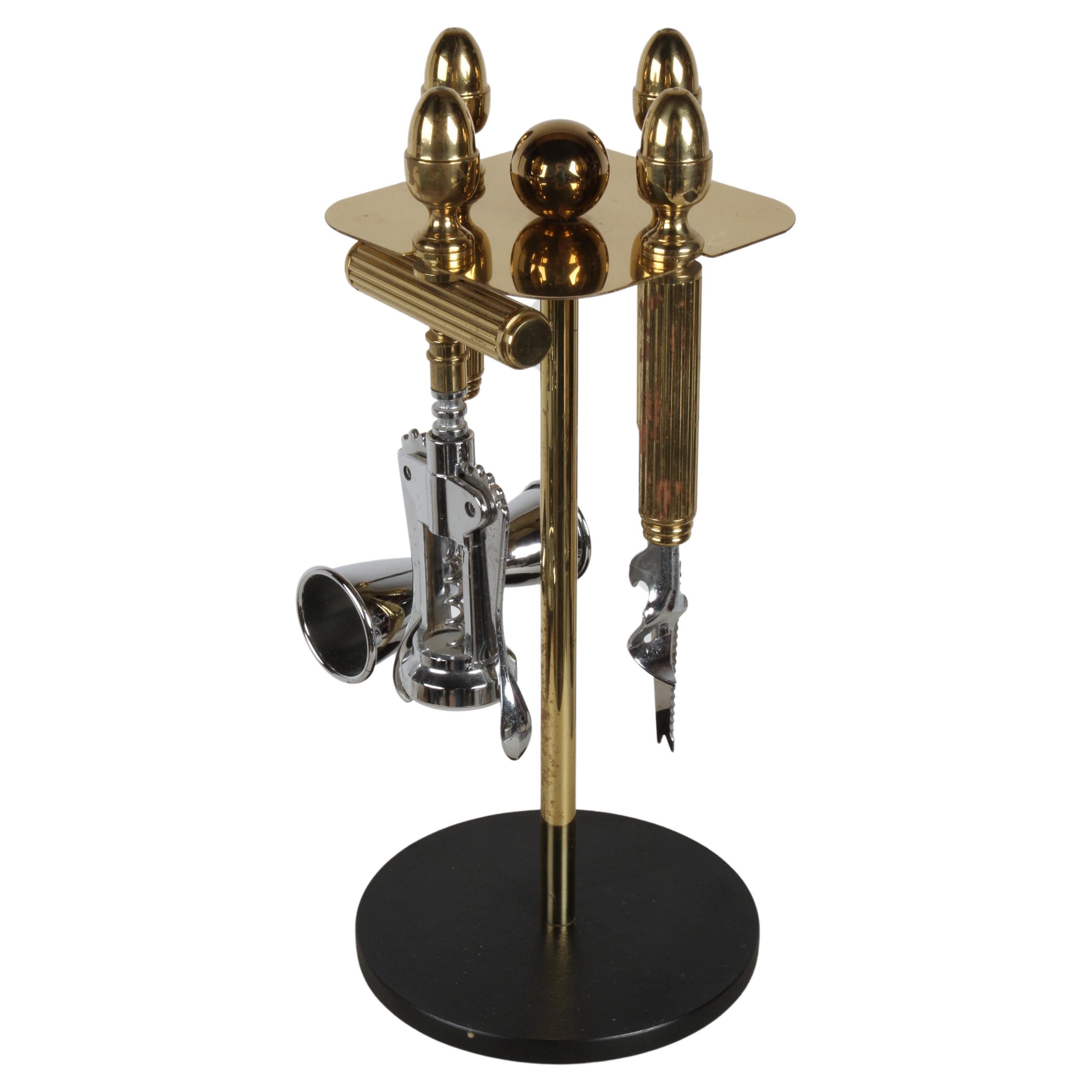 Maxwell Phillip Mid-Century Brass Acorn Motif 4 Piece Bartender Tool Set & Stand For Sale