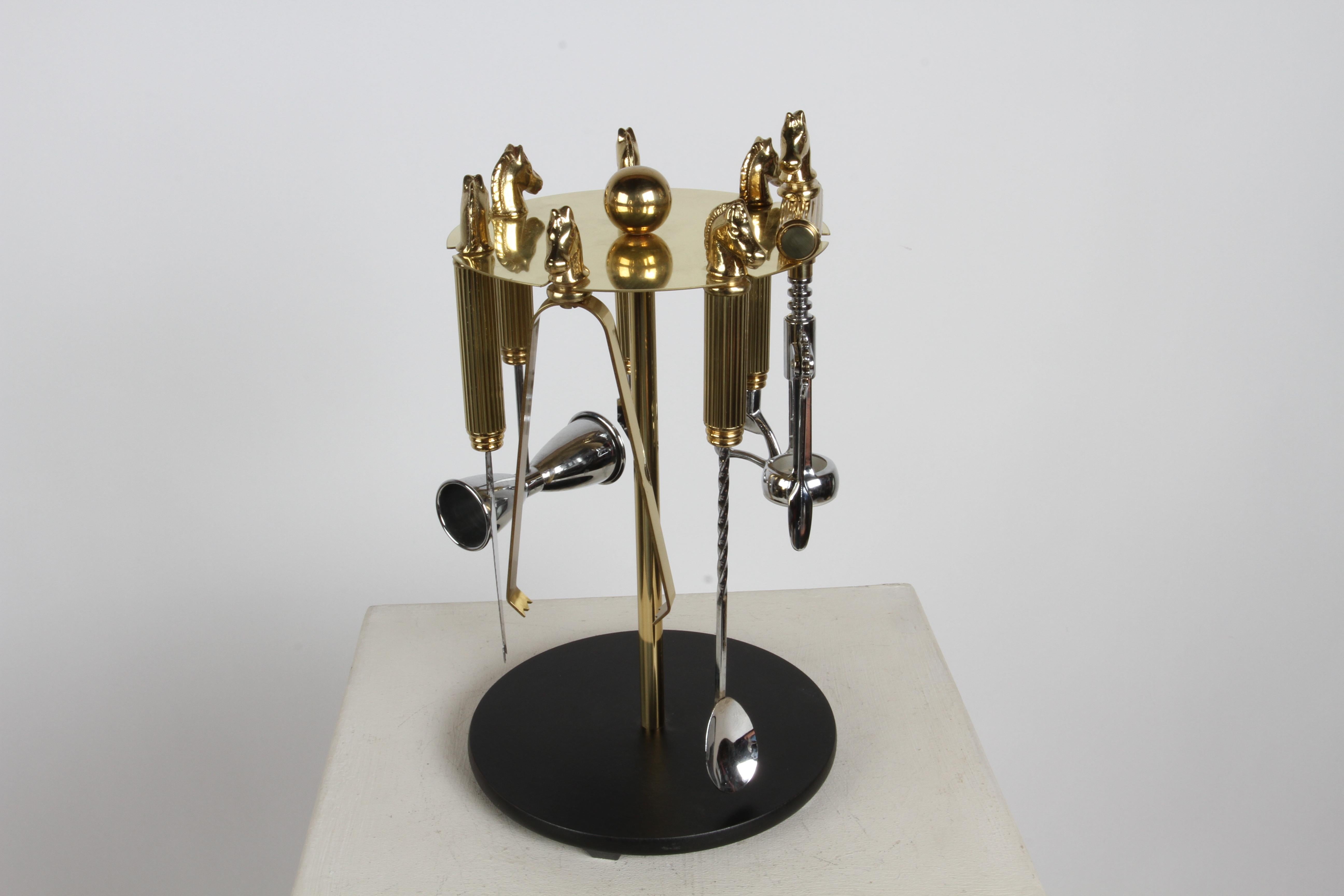 Maxwell Phillip Mid-Century Brass Horse Head 7 Piece Bartender Tool Set & Stand 7