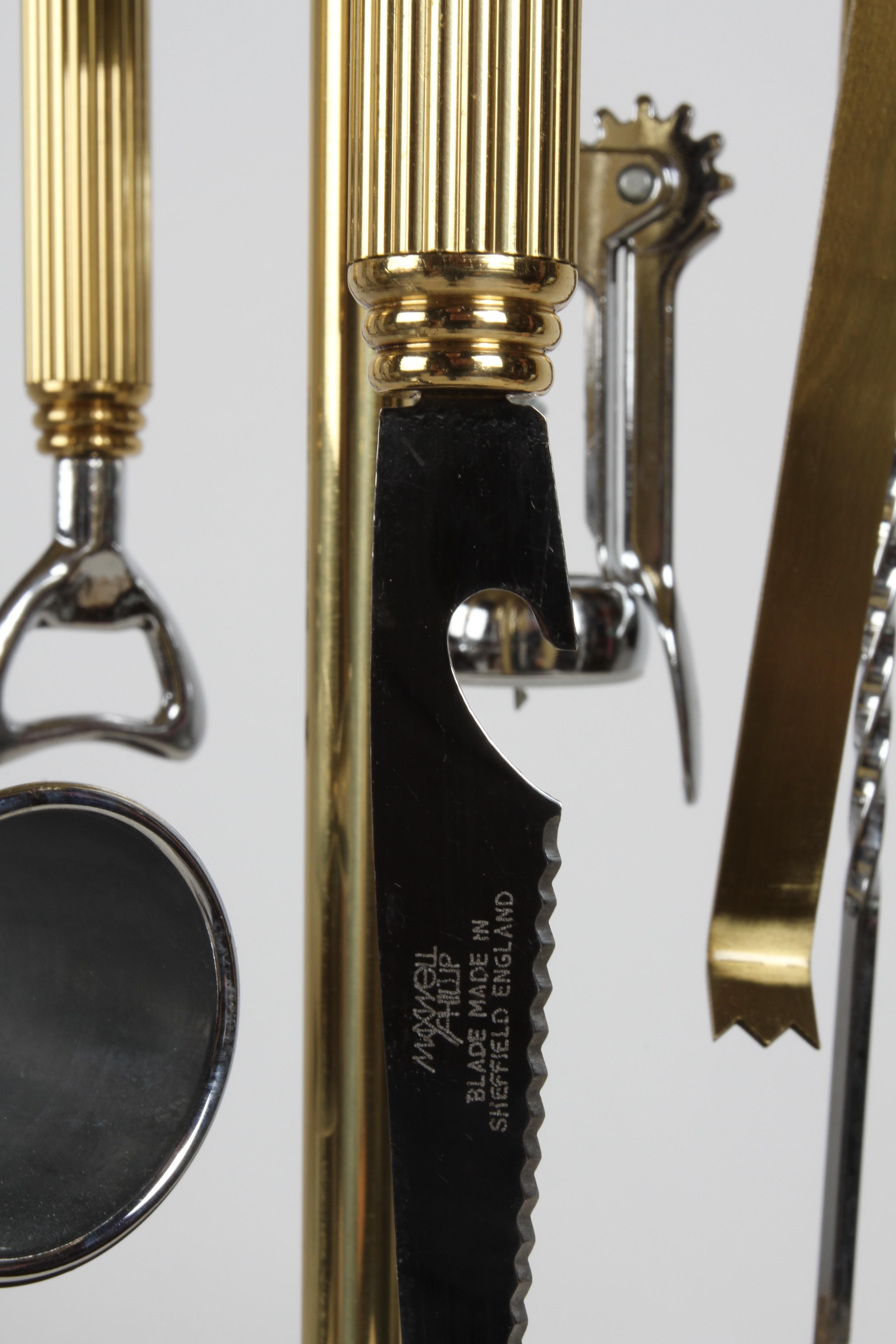 Mid-Century Modern Maxwell Phillip Mid-Century Brass Horse Head 7 Piece Bartender Tool Set & Stand
