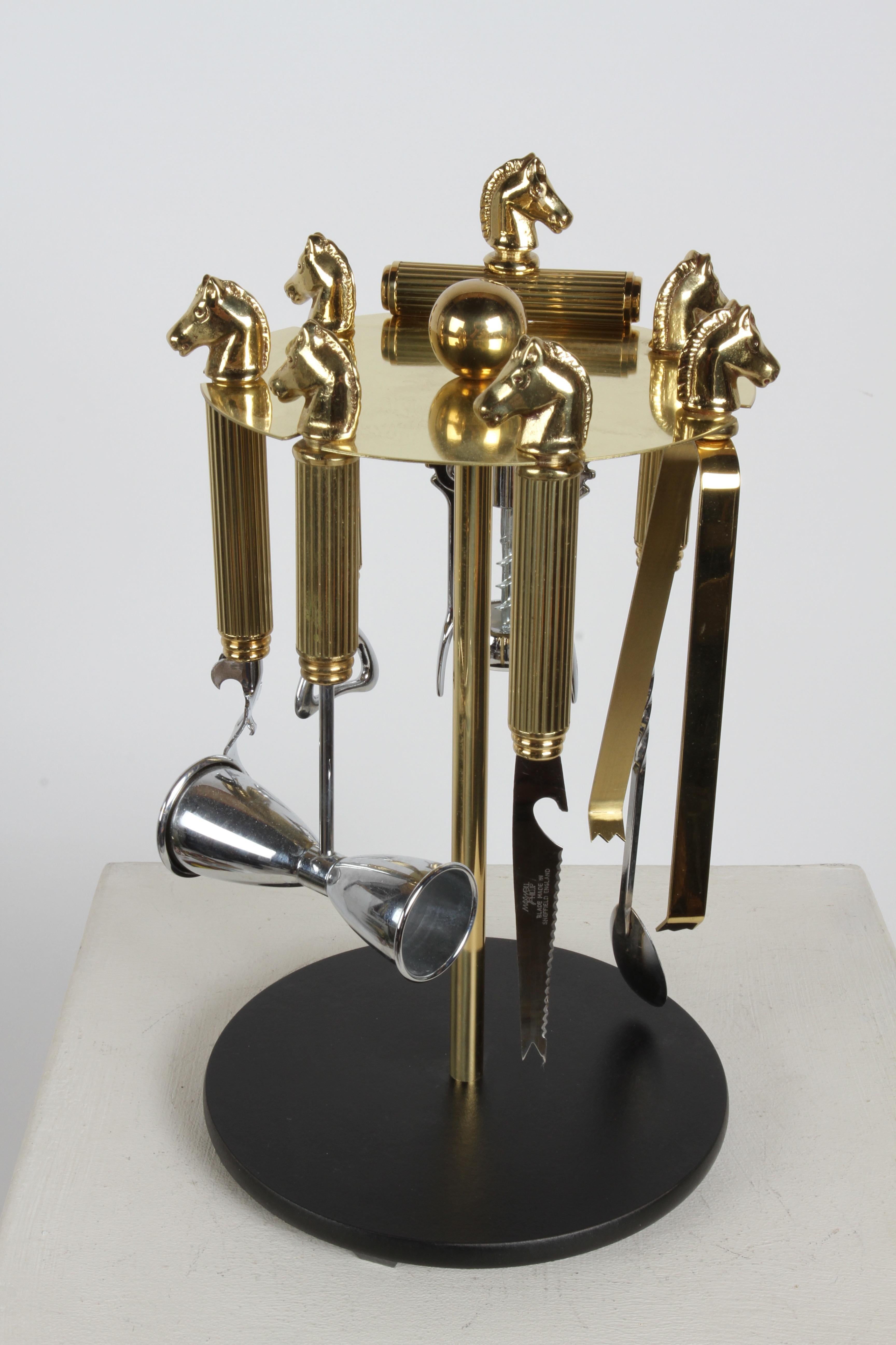 Maxwell Phillip Mid-Century Brass Horse Head 7 Piece Bartender Tool Set & Stand In Good Condition In St. Louis, MO