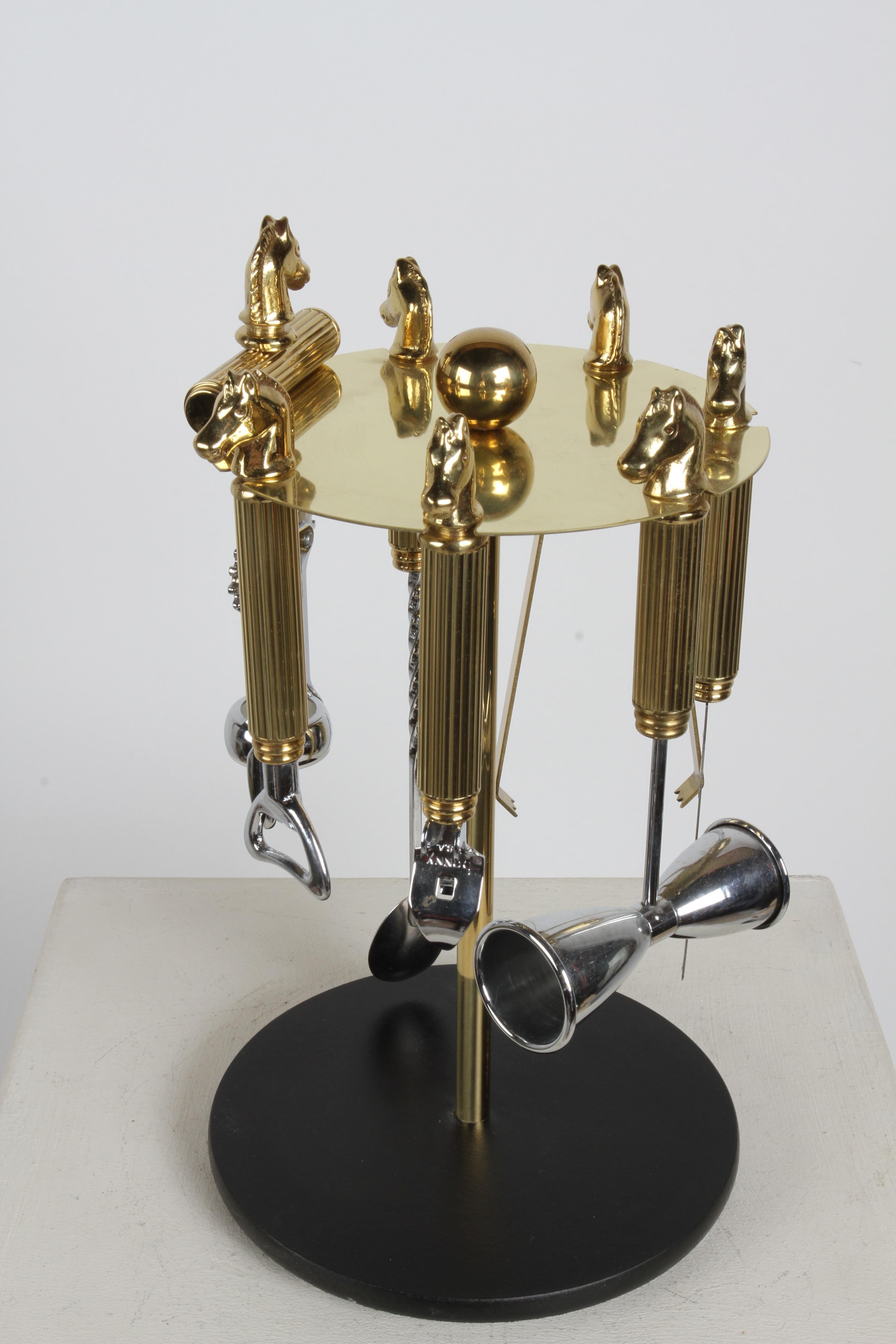 Late 20th Century Maxwell Phillip Mid-Century Brass Horse Head 7 Piece Bartender Tool Set & Stand