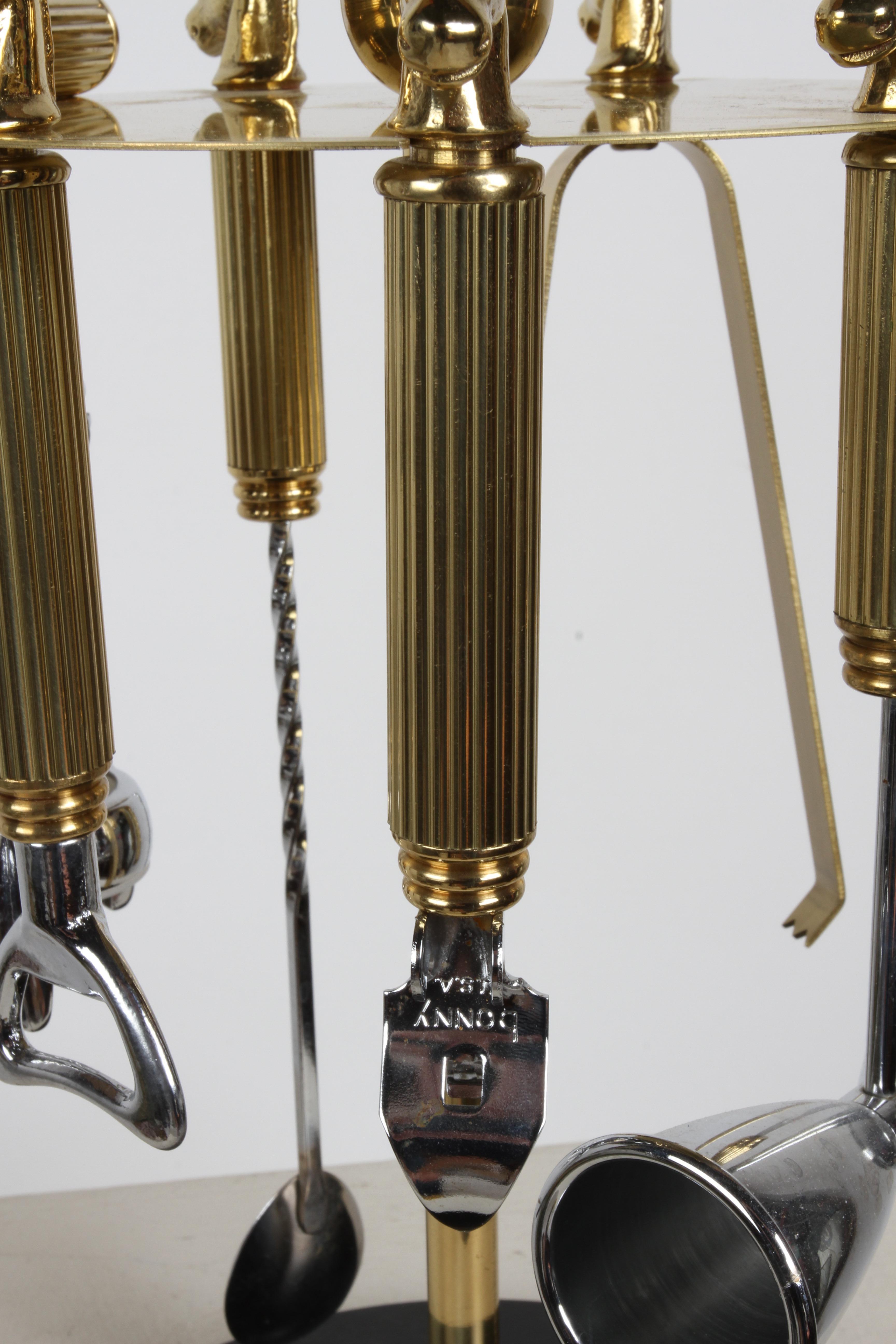 Maxwell Phillip Mid-Century Brass Horse Head 7 Piece Bartender Tool Set & Stand 2