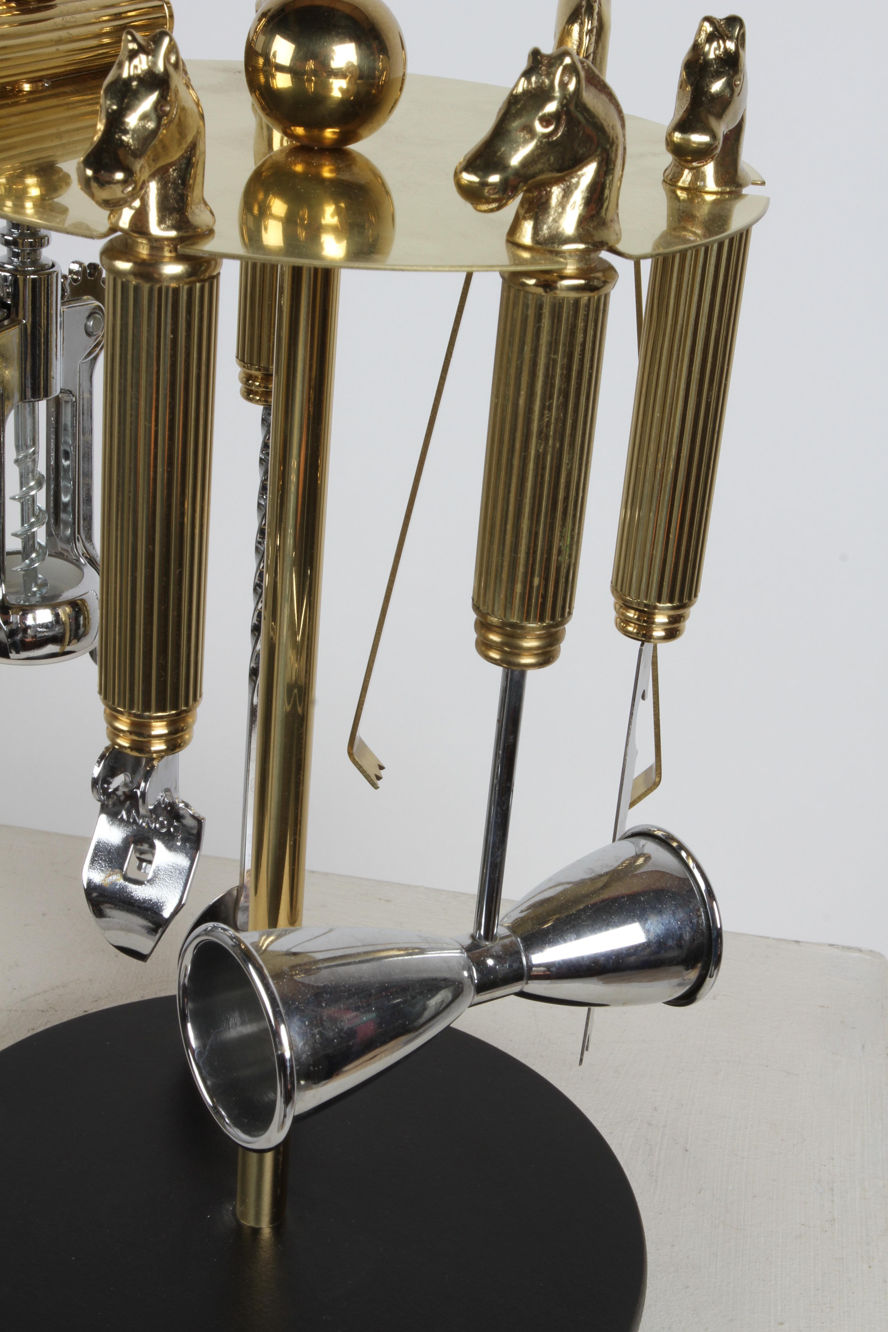 Maxwell Phillip Mid-Century Brass Horse Head 7 Piece Bartender Tool Set & Stand 3