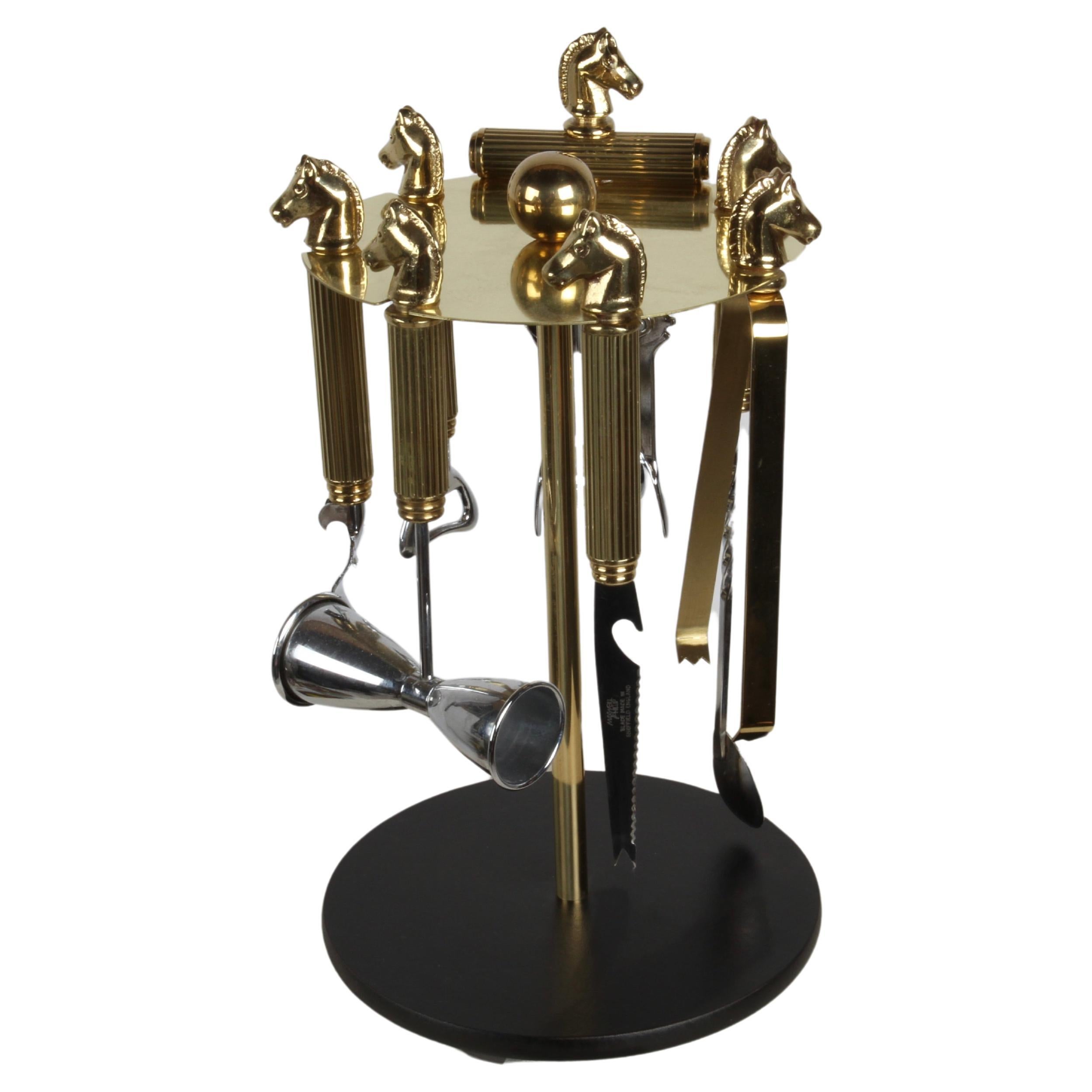 Maxwell Phillip Mid-Century Brass Horse Head 7 Piece Bartender Tool Set & Stand