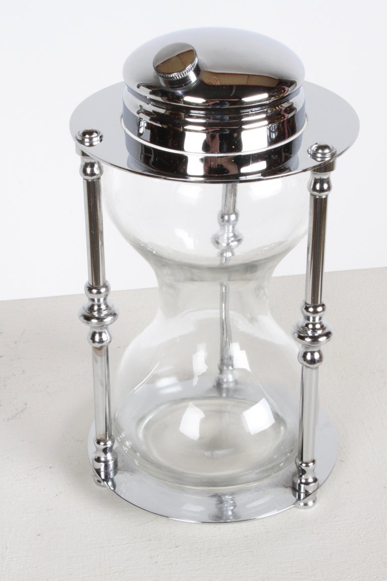 MaxwellPhillips Art Deco Chrome and Glass Hourglass Cocktail Shaker, c