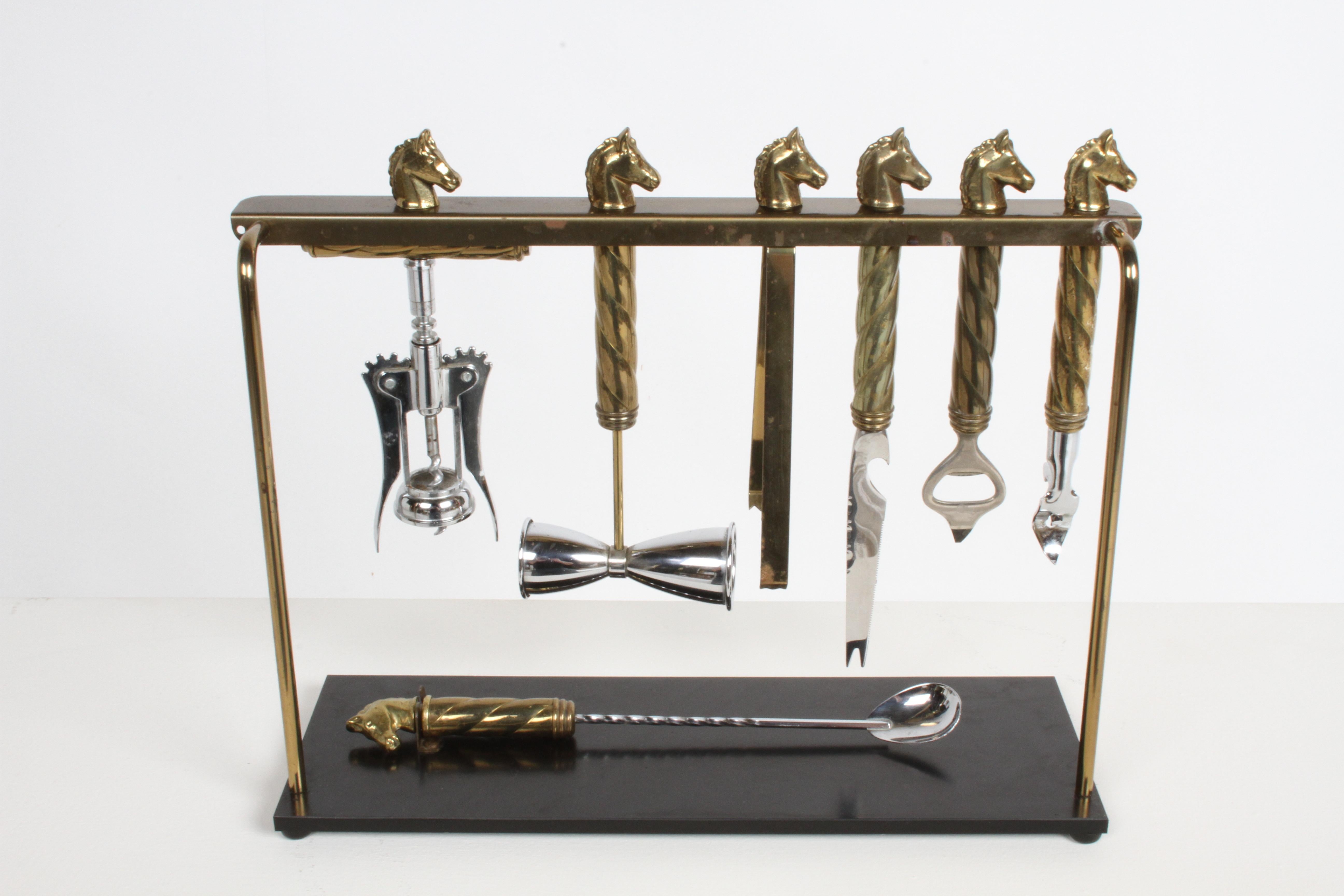 Maxwell Phillips Mid-Century Brass Horse Head 7 Piece Bartender Tool Set & Stand 5