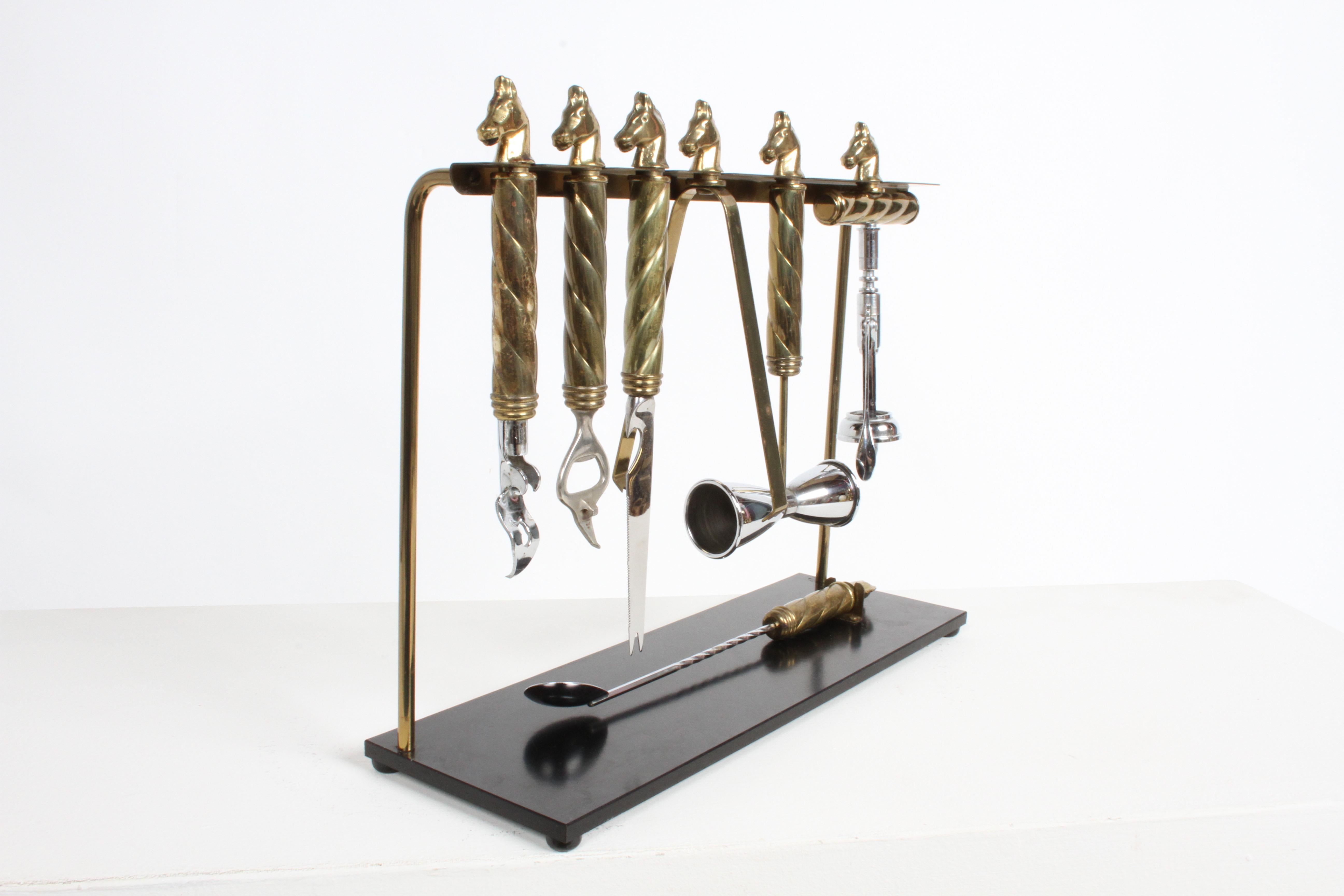 Maxwell Phillips Mid-Century Brass Horse Head 7 Piece Bartender Tool Set & Stand 7