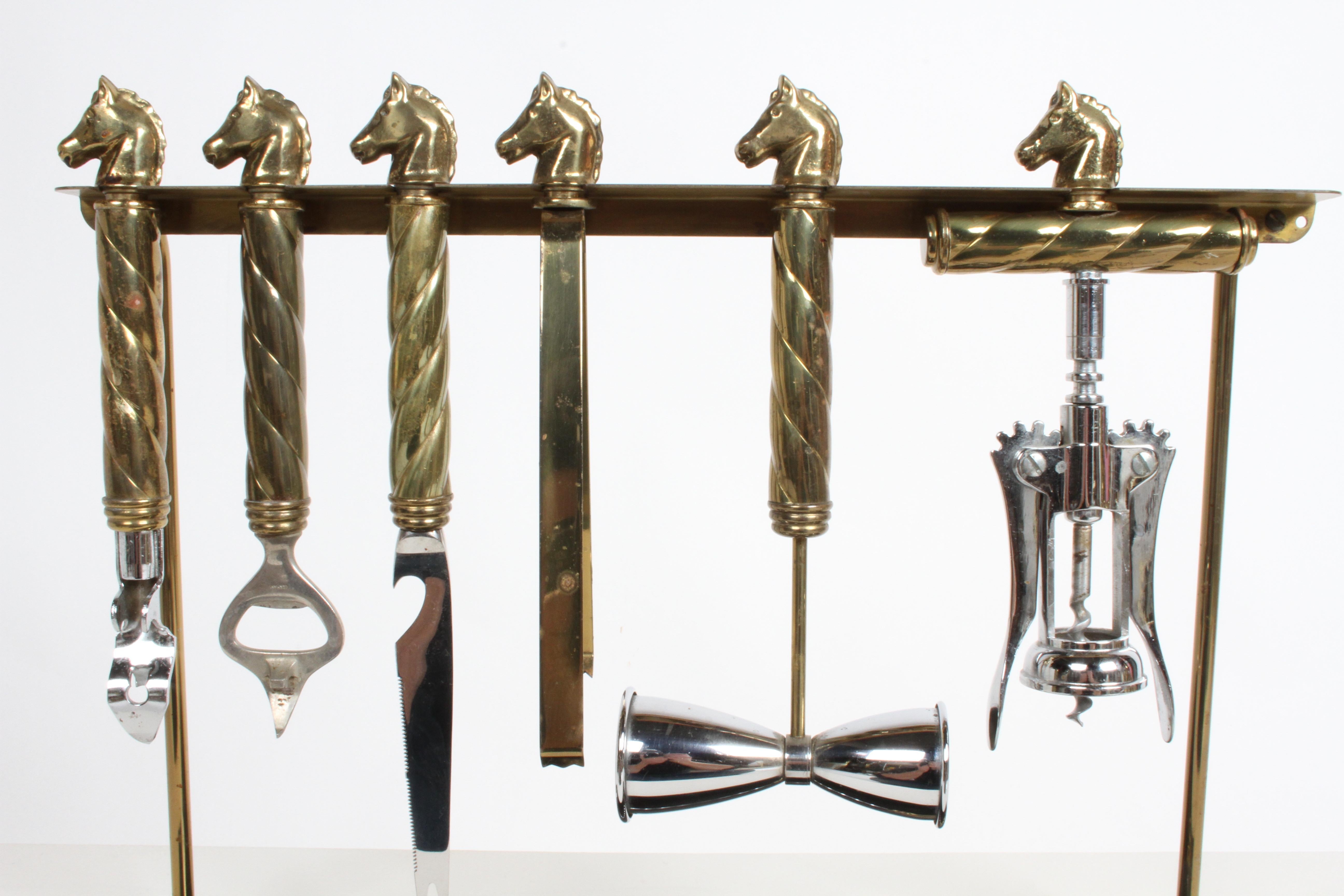 Maxwell Phillips Mid-Century Brass Horse Head 7 Piece Bartender Tool Set & Stand In Good Condition In St. Louis, MO