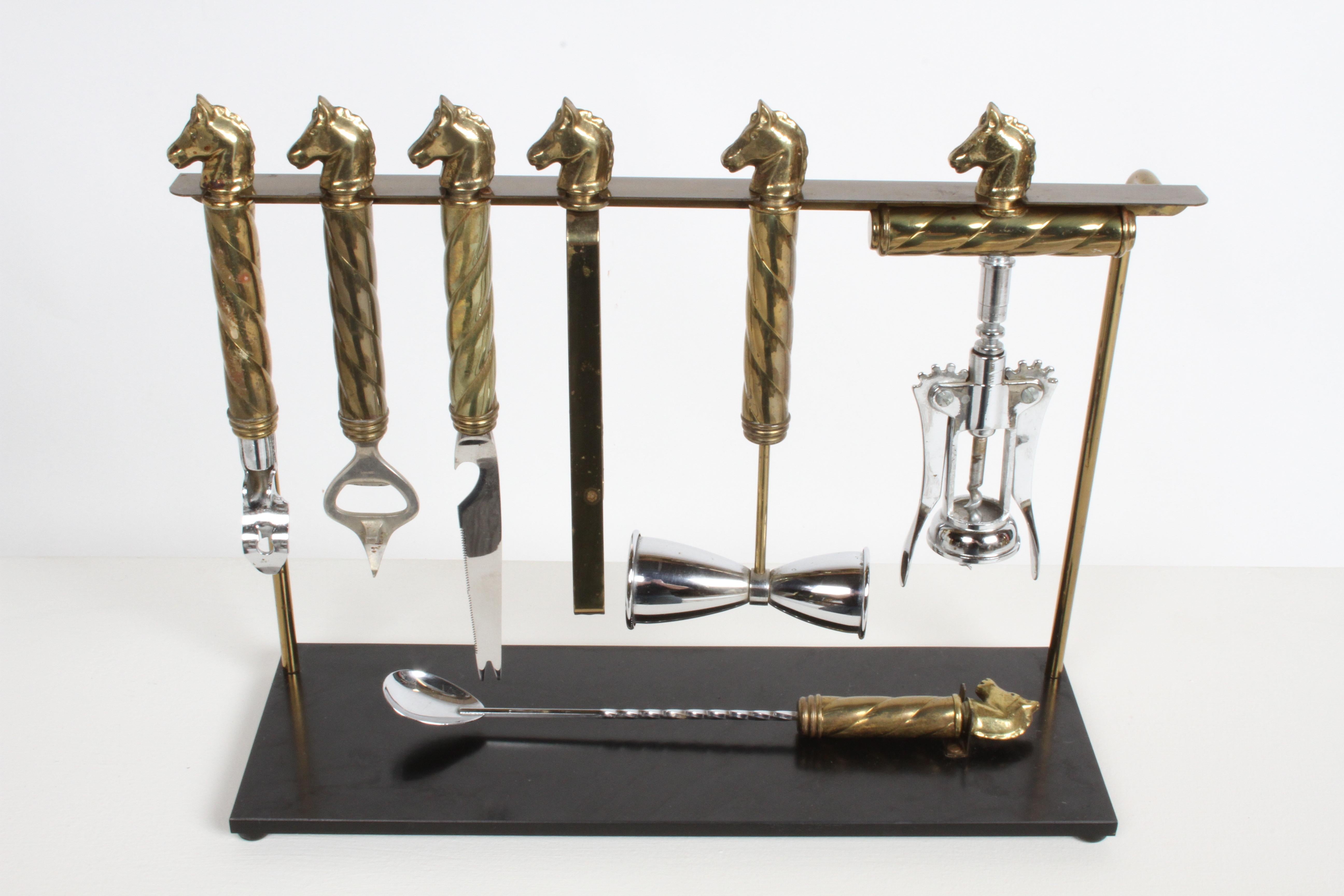 Late 20th Century Maxwell Phillips Mid-Century Brass Horse Head 7 Piece Bartender Tool Set & Stand