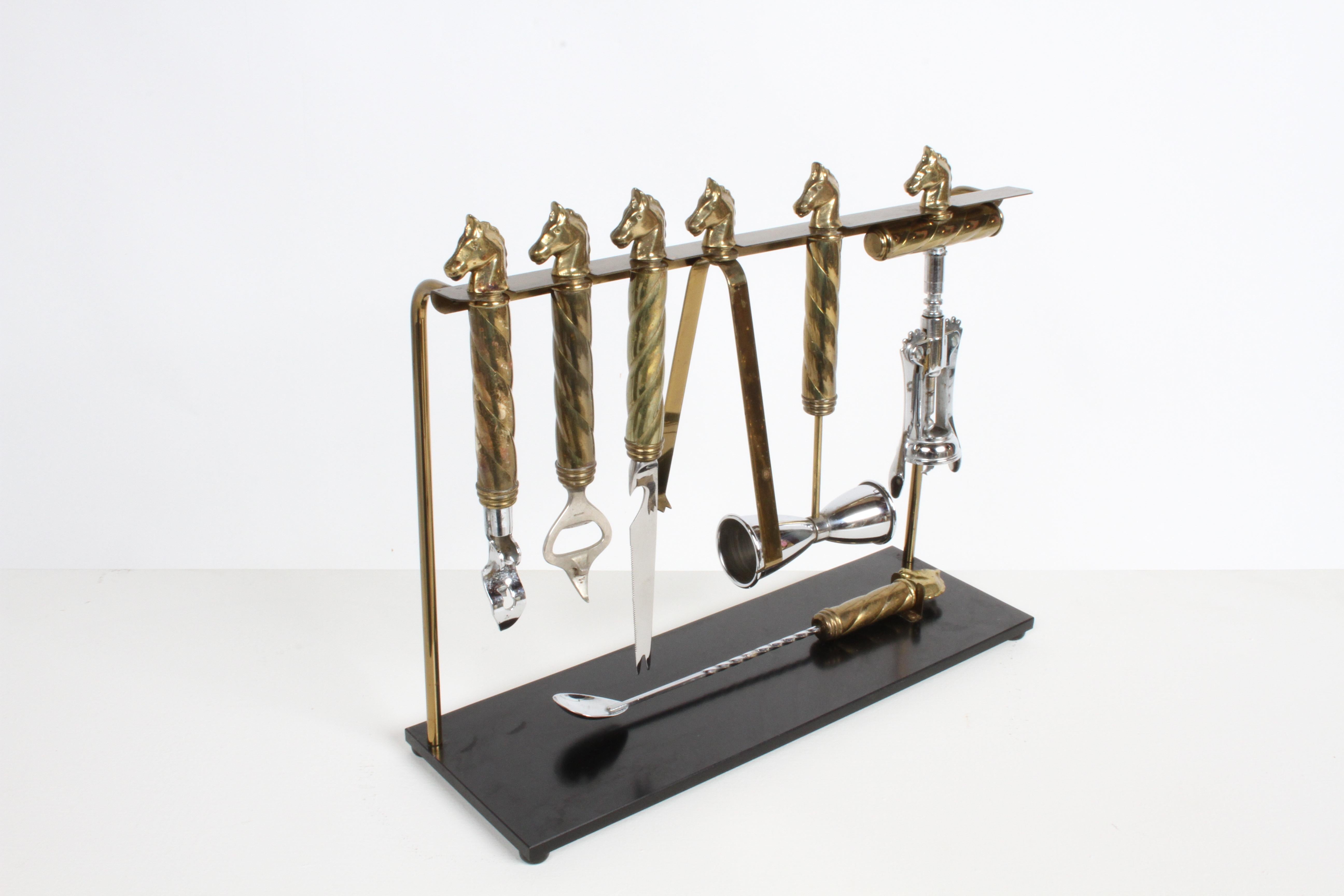 Maxwell Phillips Mid-Century Brass Horse Head 7 Piece Bartender Tool Set & Stand 2