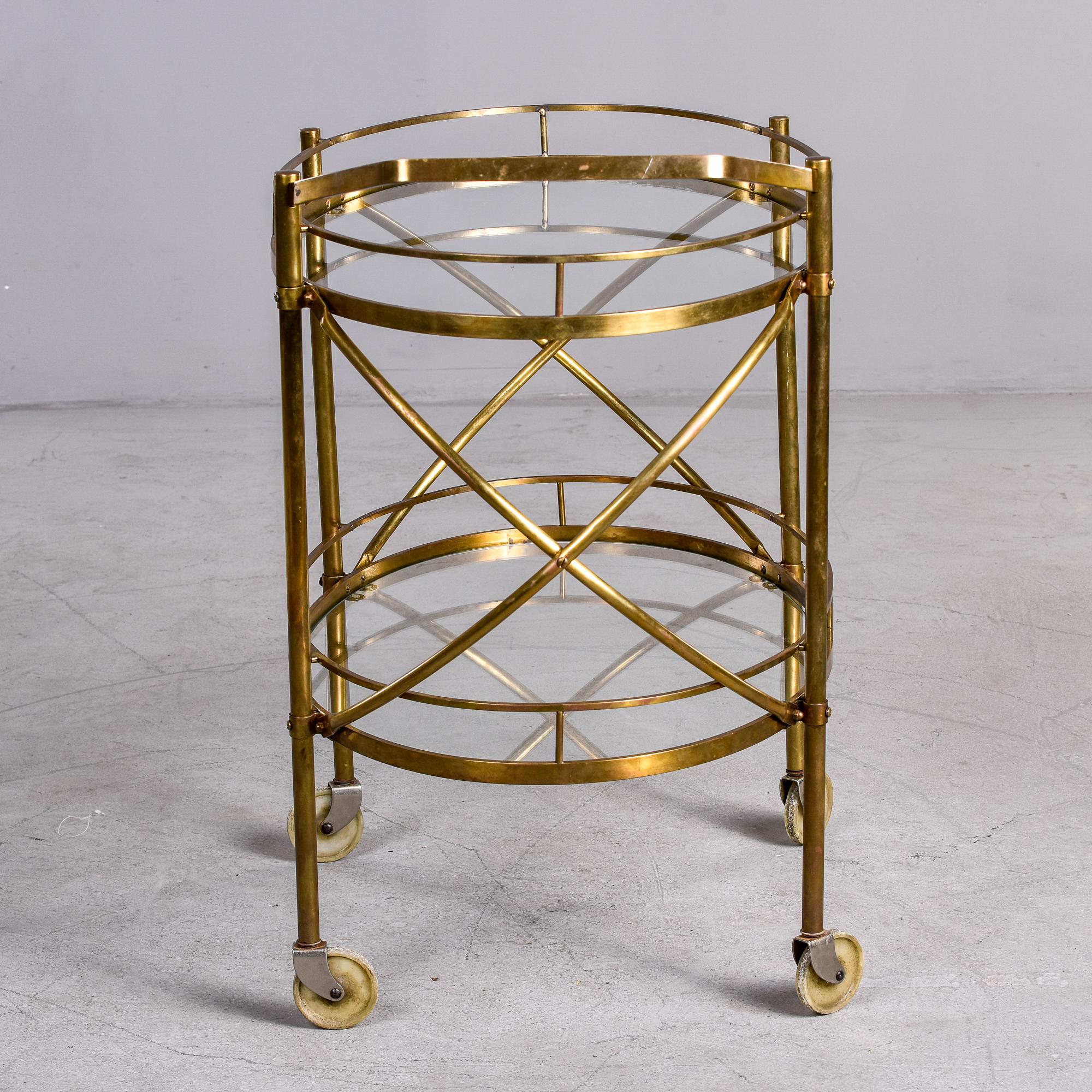 Maxwell Phillips Mid Century Two Tier Oval Brass and Glass Bar Cart In Good Condition In Troy, MI
