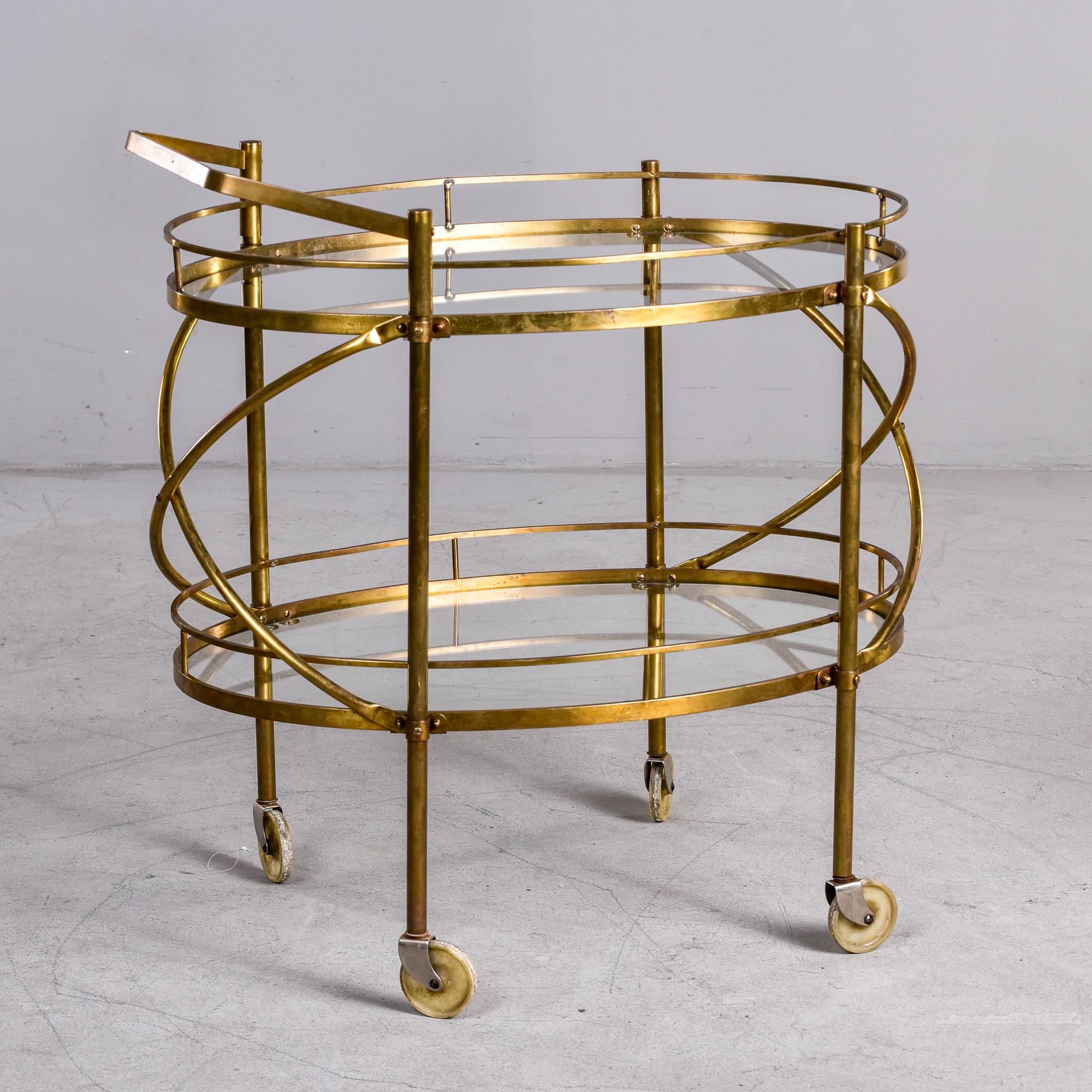 20th Century Maxwell Phillips Mid Century Two Tier Oval Brass and Glass Bar Cart