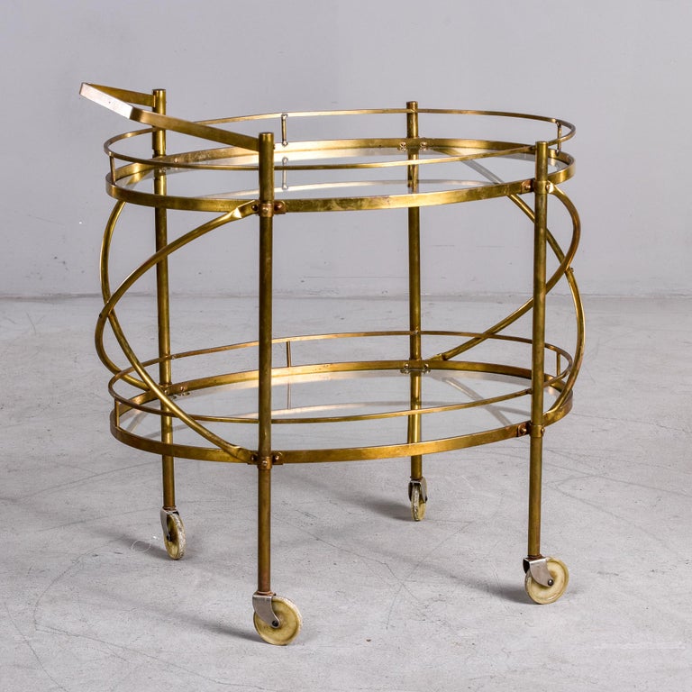20th Century Maxwell Phillips Mid Century Two Tier Oval Brass and Glass Bar Cart For Sale