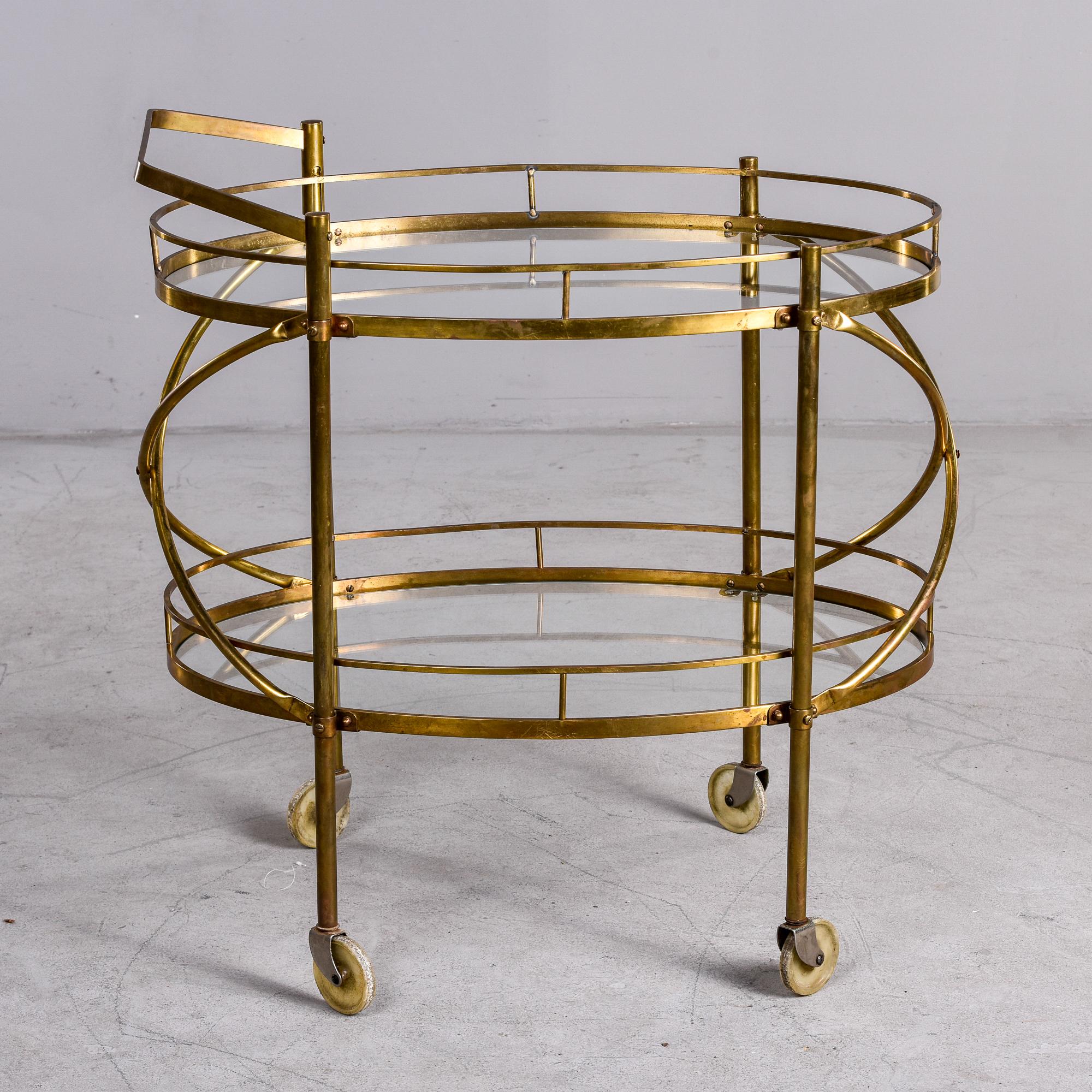 Maxwell Phillips Mid Century Two Tier Oval Brass and Glass Bar Cart 1