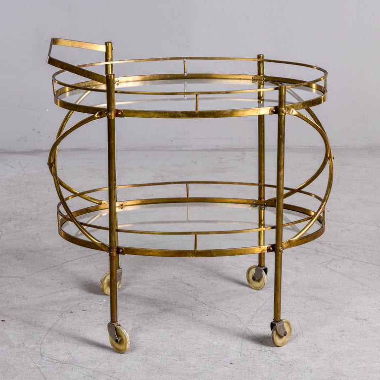 Maxwell Phillips Mid Century Two Tier Oval Brass and Glass Bar Cart For Sale 1