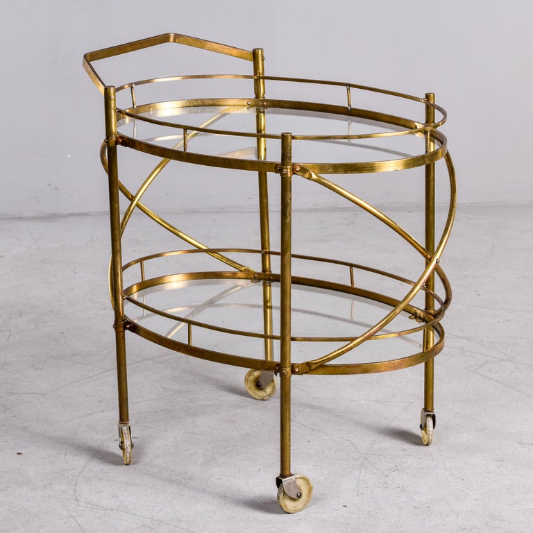 Maxwell Phillips Mid Century Two Tier Oval Brass and Glass Bar Cart For Sale 2