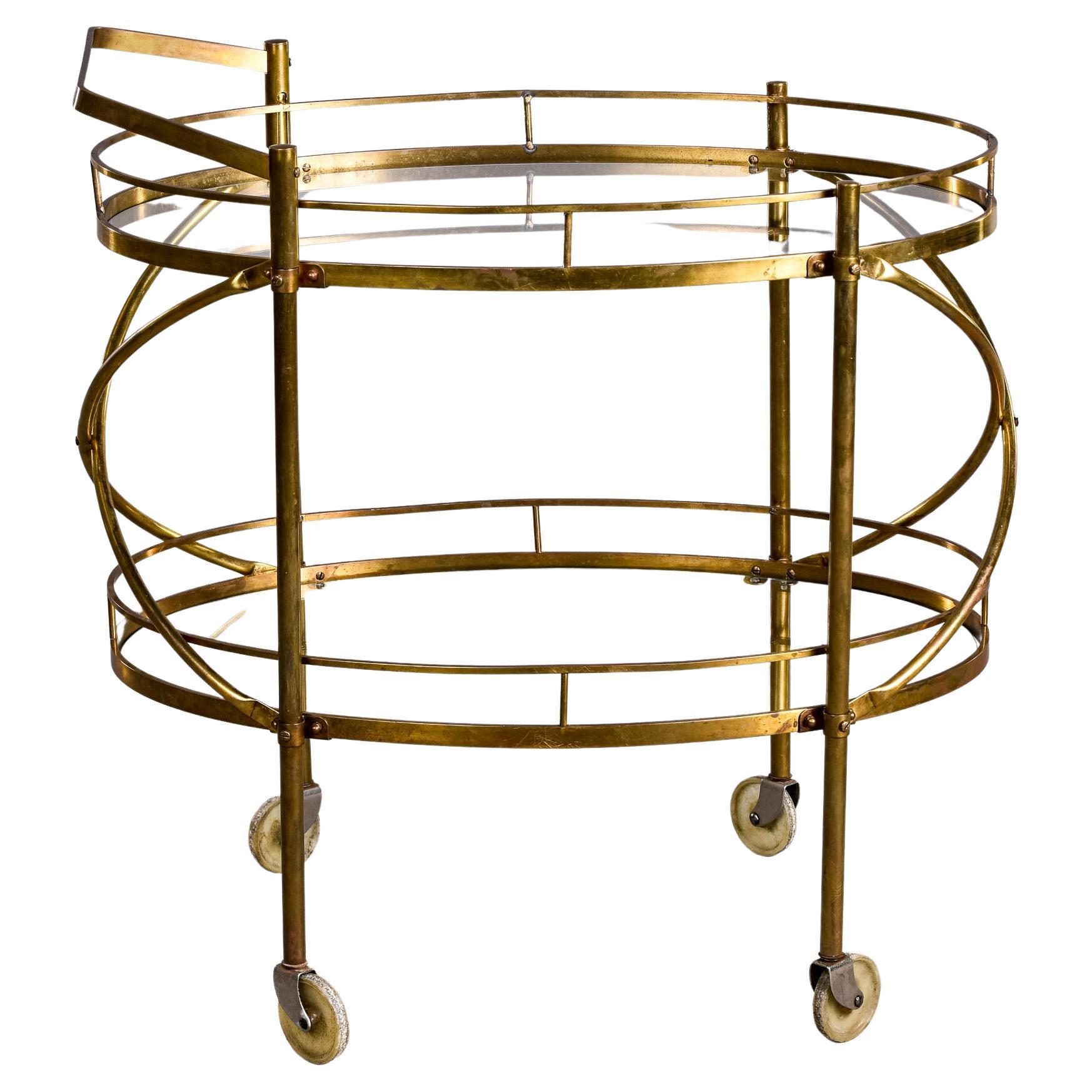 Maxwell Phillips Mid Century Two Tier Oval Brass and Glass Bar Cart