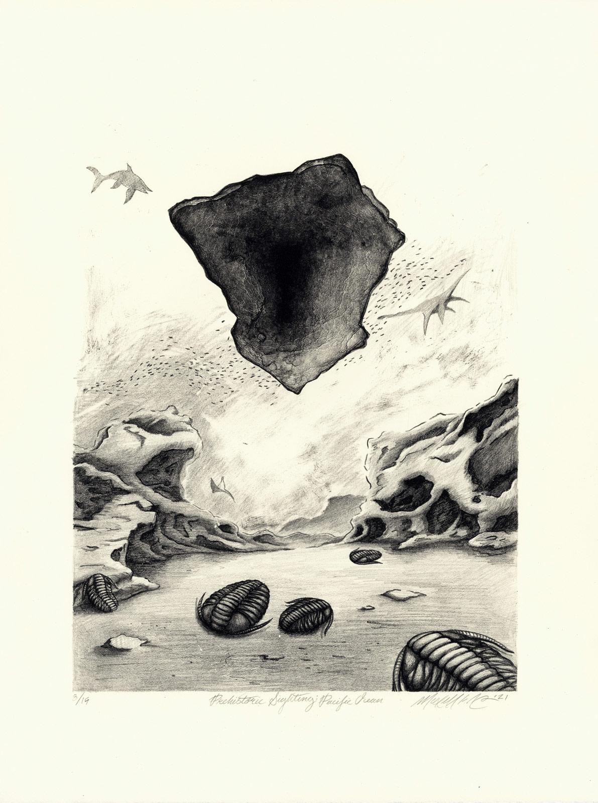 Prähistorische Sichtung im Pazifischen Ozean (Goblin Haie?) – Print von Maxwell Roath