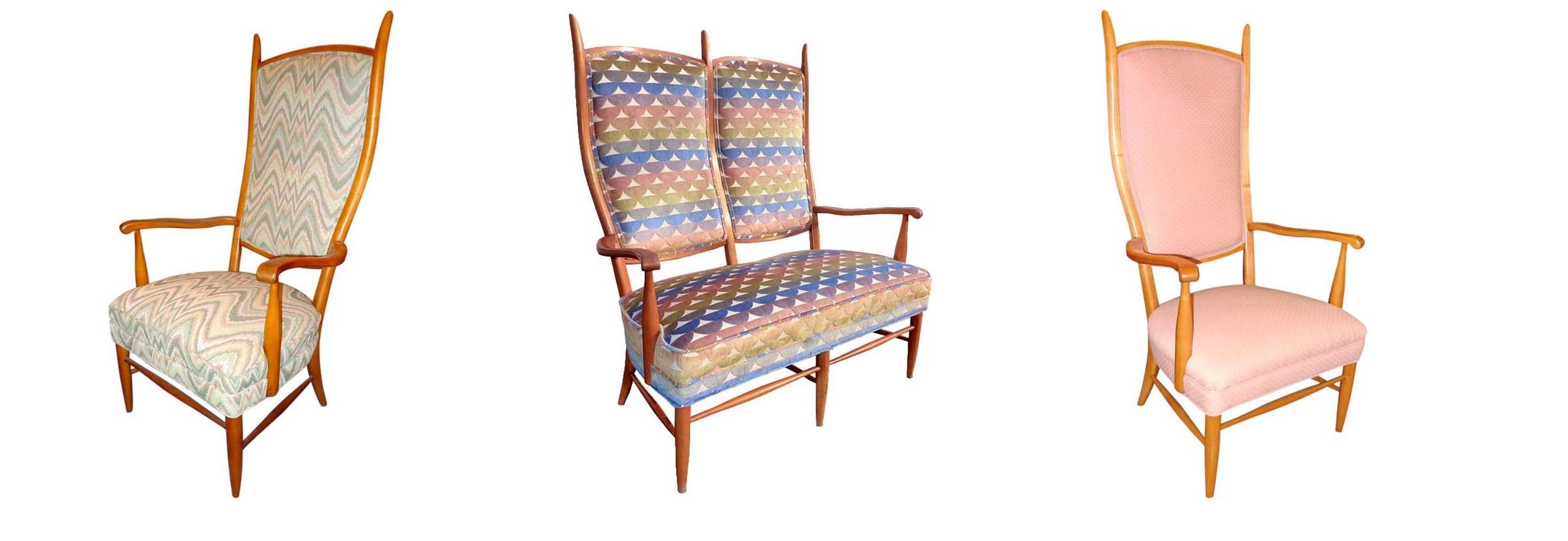 Three piece seating suite consisting of one high-back lithe two-seater vintage Italian style settee with elongated peak-formed rear supports and sinuous forward curling arms, and two armchairs.  

Made by Maxwell Royal of Hickory, NC in the