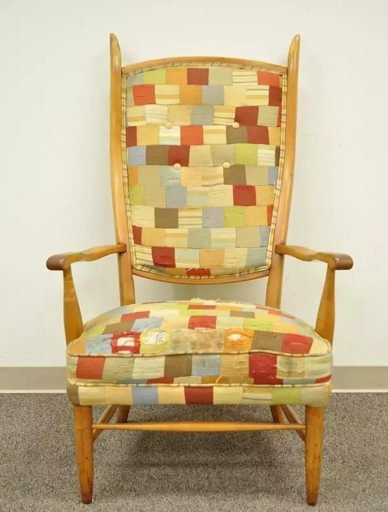 Maxwell Royal High Back Maple Wood Mid Century Edward Wormley Style Arm Chair. Item features a solid maple high back, sleek sculptural form. Circa Mid 20th Century. Measurements: 50