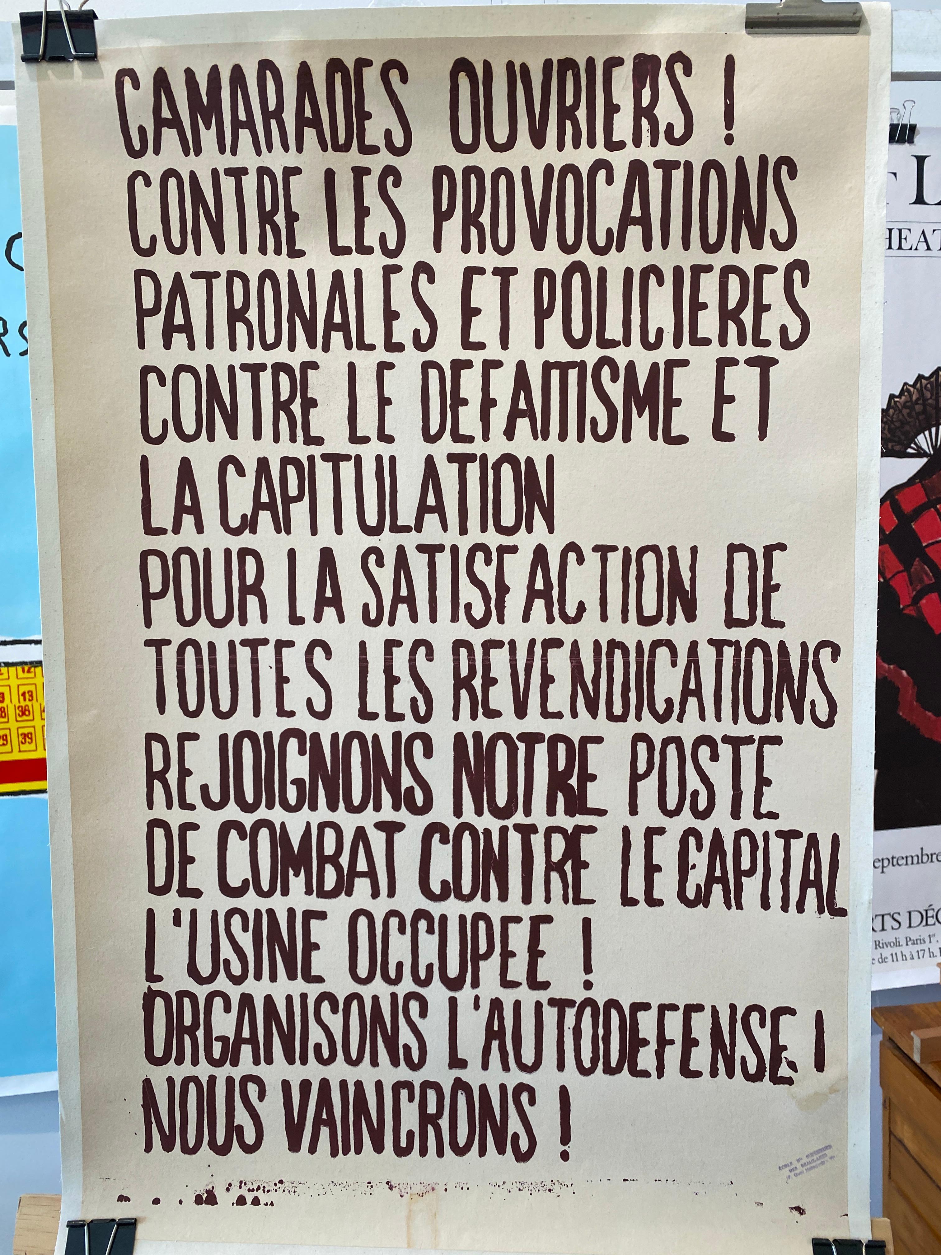 Affiche politique française originale de mai 68, «amarades Ouvriers ! » Bon état - En vente à Melbourne, Victoria