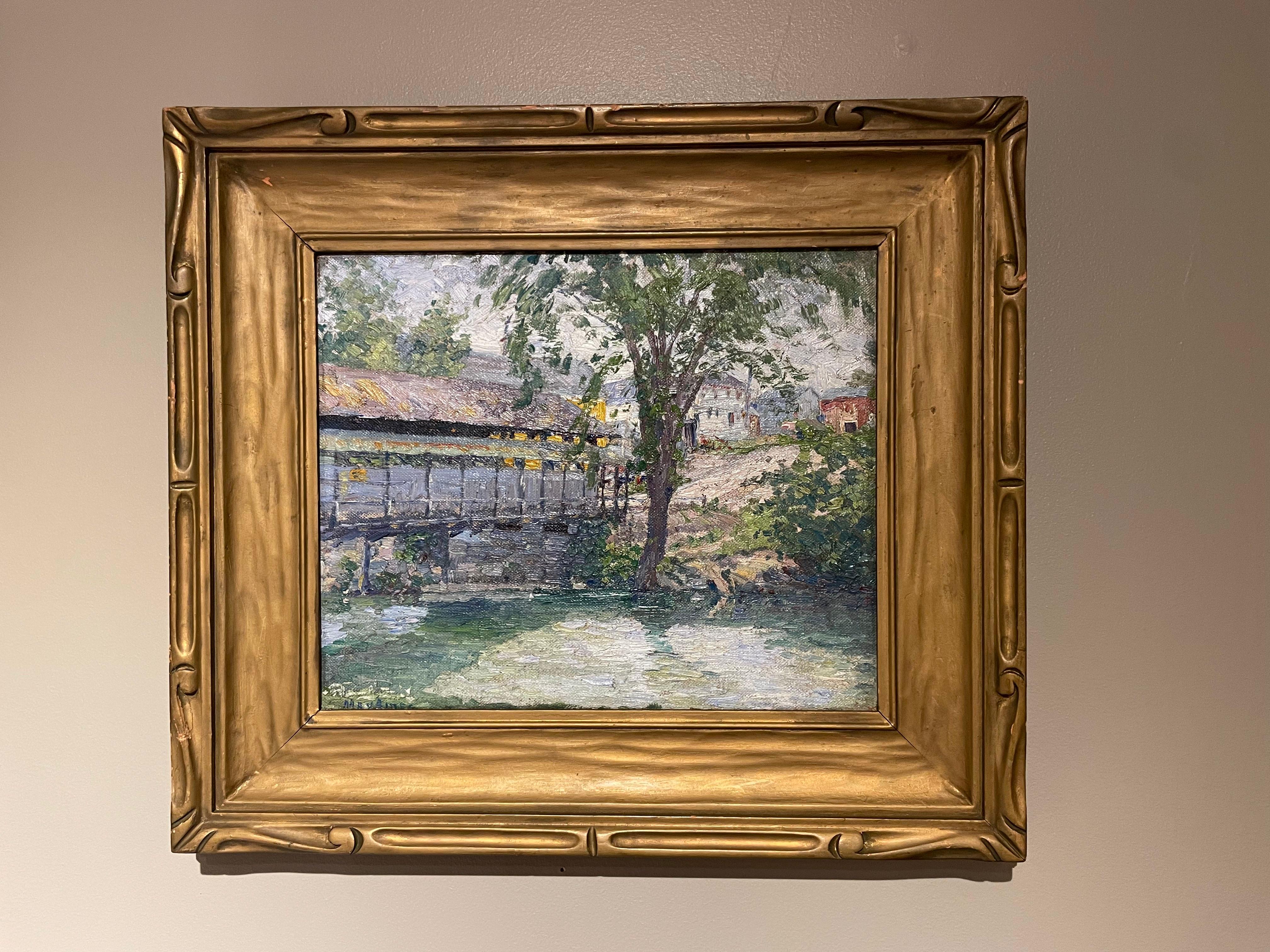 Early 20th Century Landscape with Covered Bridge, Female Cleveland School Artist For Sale 5