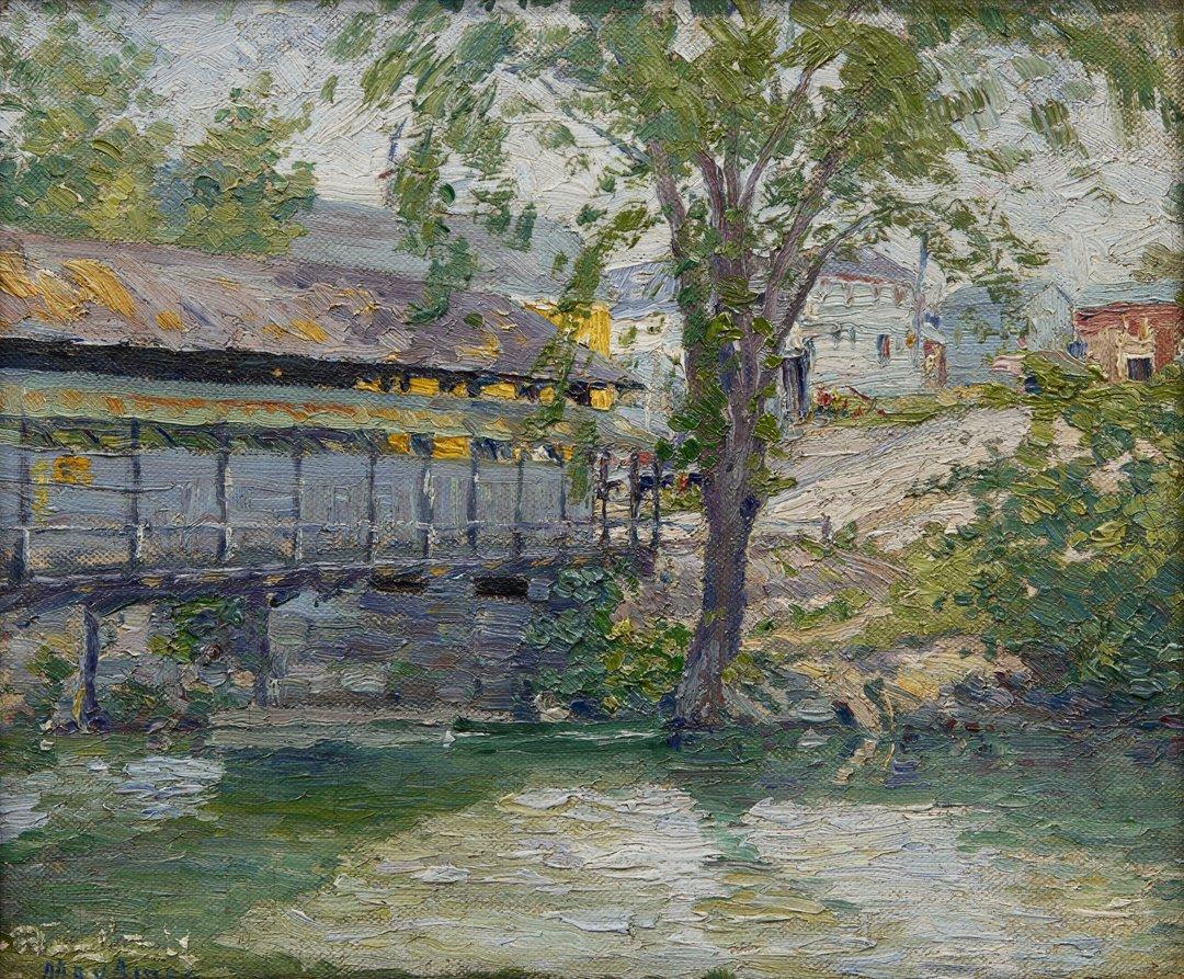 Early 20th Century Landscape with Covered Bridge, Female Cleveland School Artist - Painting by May Ames