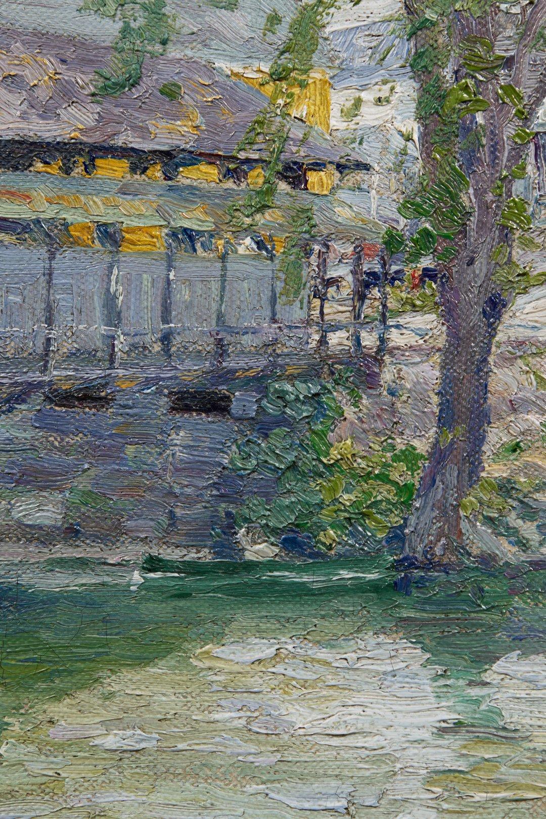 Early 20th Century Landscape with Covered Bridge, Female Cleveland School Artist - American Impressionist Painting by May Ames