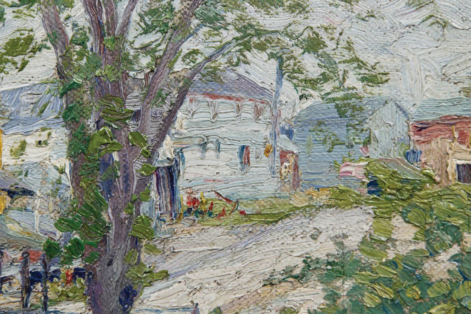 Early 20th Century Landscape with Covered Bridge, Female Cleveland School Artist - Brown Figurative Painting by May Ames