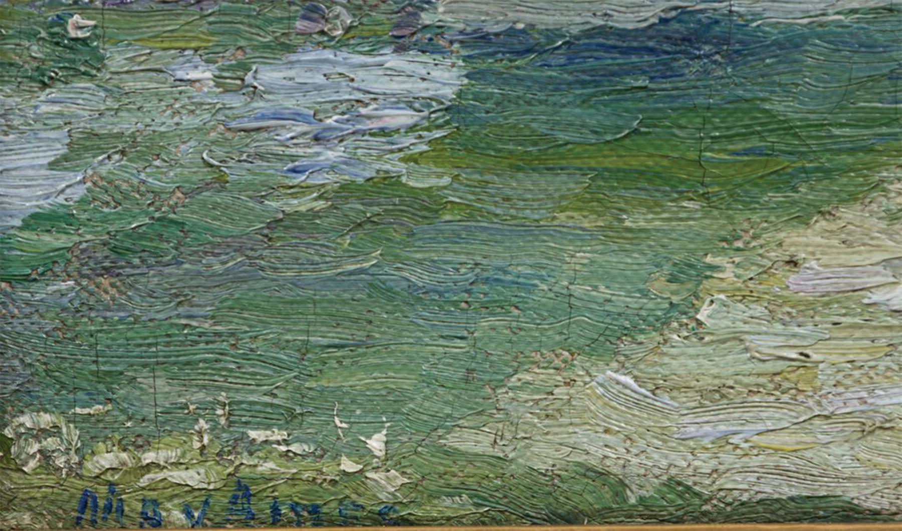 May Lydia Ames (American, 1863-1943)
Landscape with Covered Bridge
Oil on canvas
Signed lower left
9.75 x 8 inches
14.5 x 13 inches, framed

May Ames was born in Cleveland in 1863 and graduated from the Cleveland School of Art in 1900.  She received