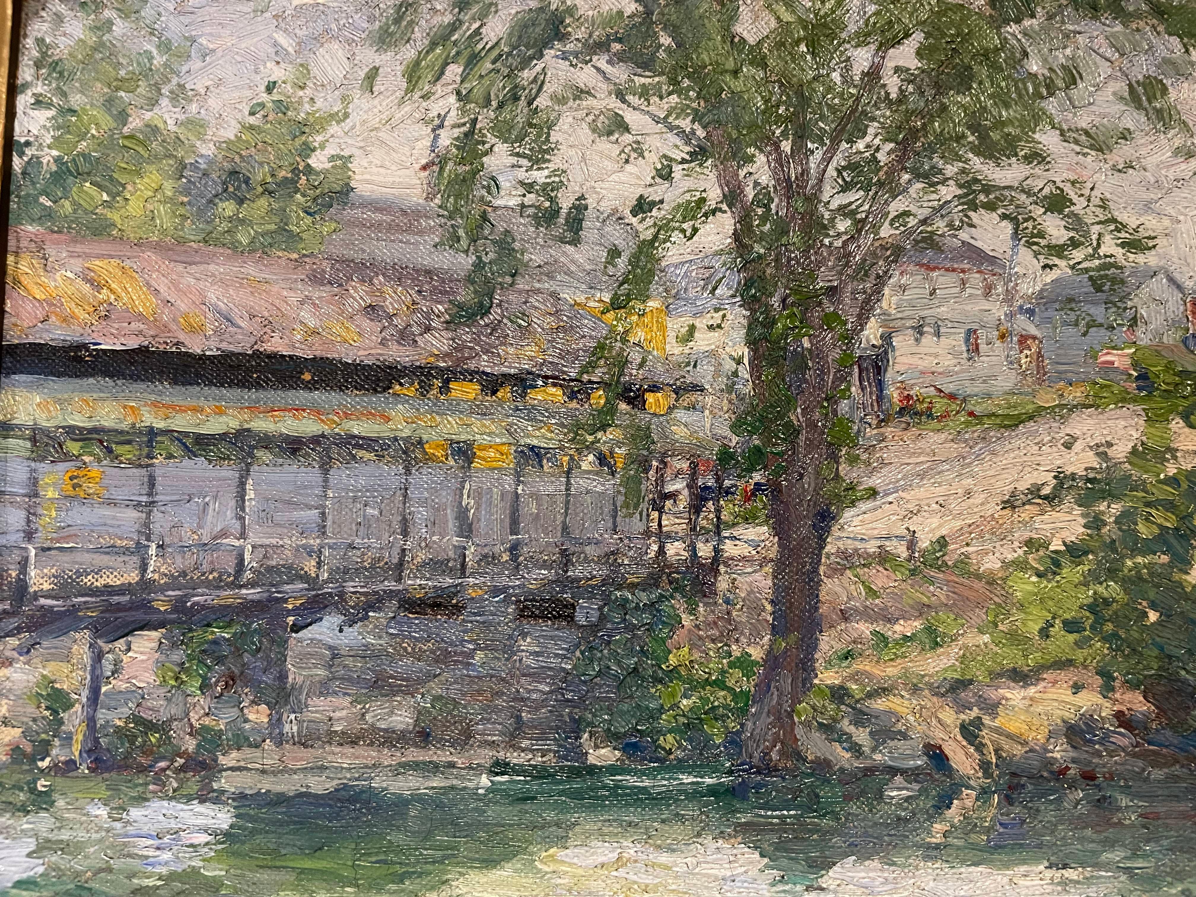 Early 20th Century Landscape with Covered Bridge, Female Cleveland School Artist For Sale 4