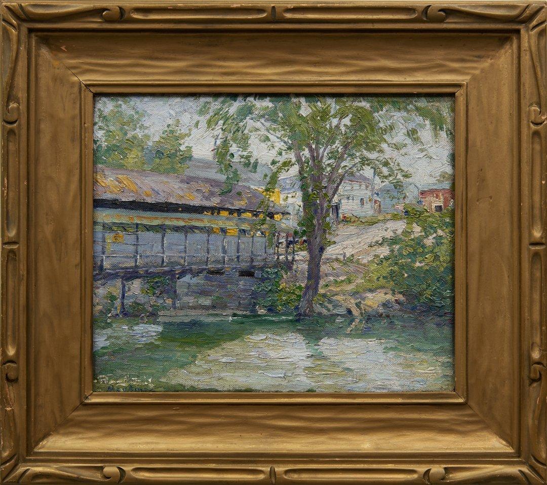 May Ames Figurative Painting - Early 20th Century Landscape with Covered Bridge, Female Cleveland School Artist