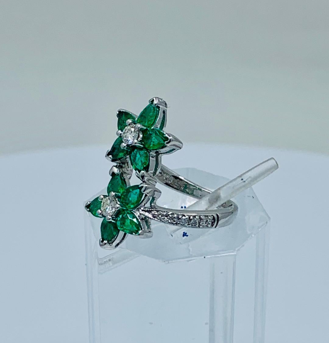 Women's Vivid Green Emerald and Diamond 18 Karat White Gold Double Flower Ring