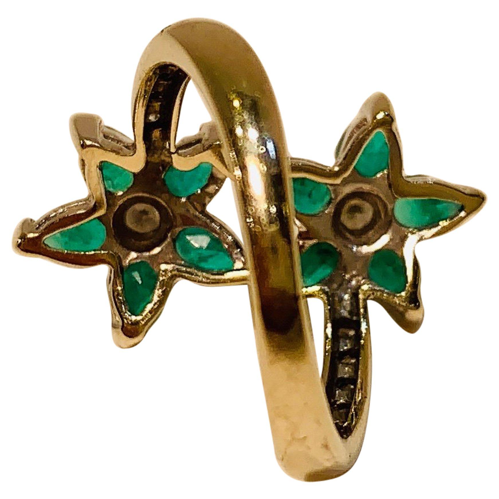Vivid Green Emerald and Diamond 18 Karat White Gold Double Flower Ring 1