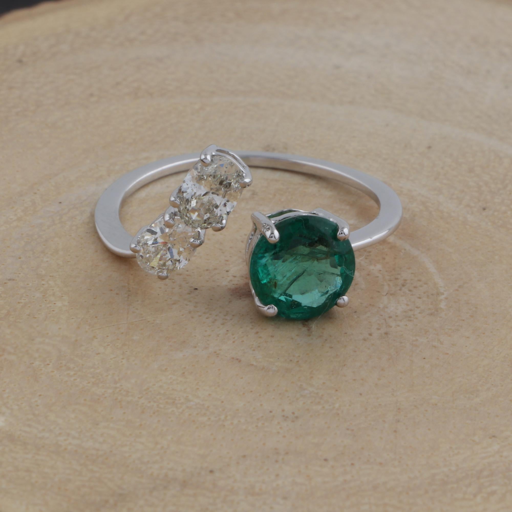 For Sale:  May Birthstone Emerald SI/HI Diamond Open Band 18k White Gold Bridal Ring 2