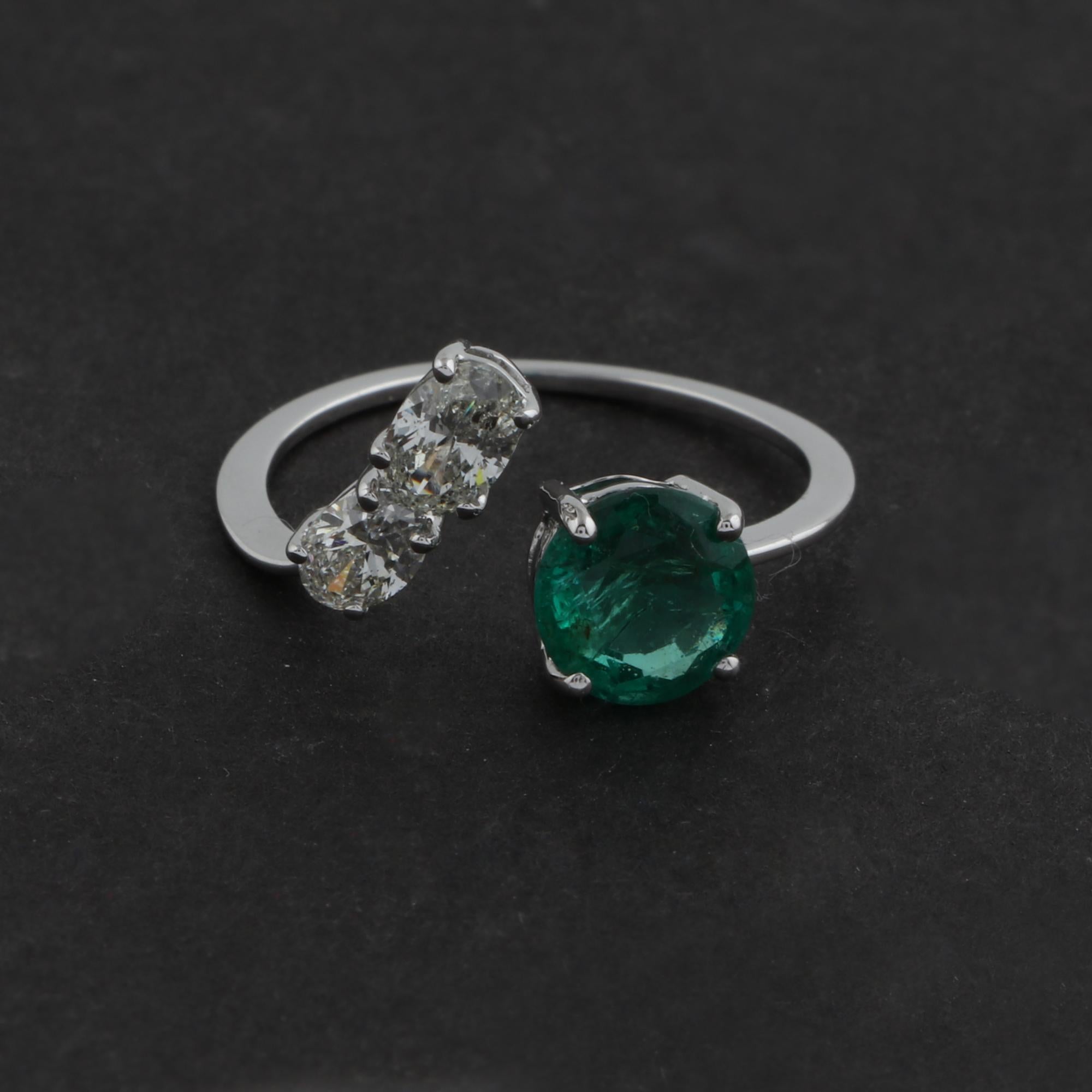 For Sale:  May Birthstone Emerald SI/HI Diamond Open Band 18k White Gold Bridal Ring 5