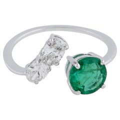 May Birthstone Emerald SI/HI Diamond Open Band 18k White Gold Bridal Ring